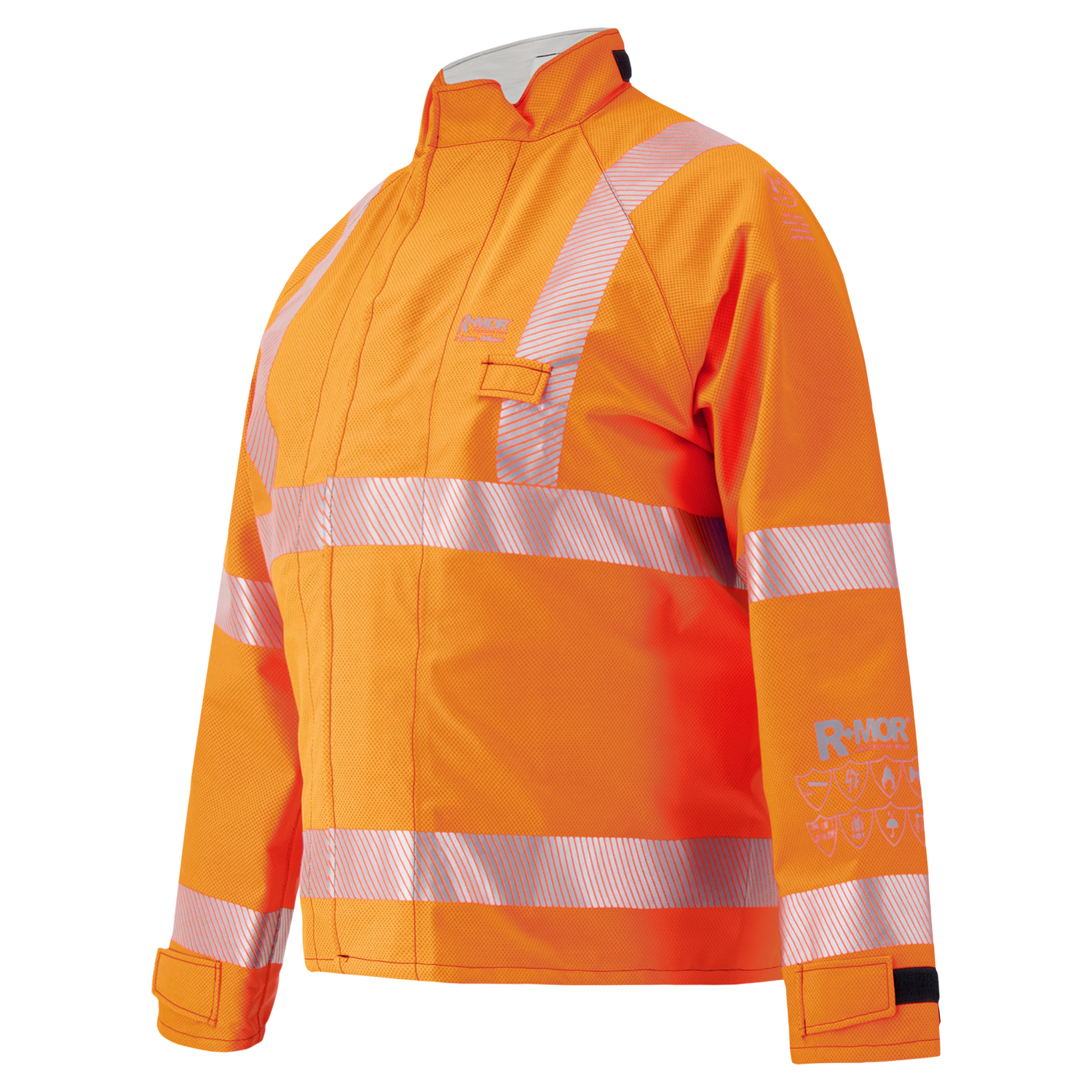 The Lac-Mac Multi-Haz Protective Jacket 707ZABH is a high-visibility orange jacket with reflective silver stripes, a front zipper, and protective markings on the left sleeve, designed for flammable liquid chemical hazards.