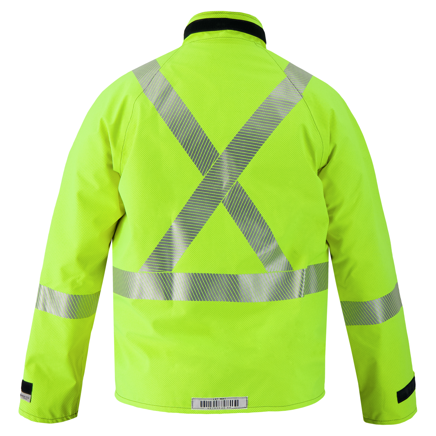 The Lac-Mac Multi-Haz Protective Jacket (707ZABJ) is a high-visibility yellow GORE-TEX PYRAD jacket with silver X-back and waist stripes, designed for protection against flammable liquid chemical hazards.