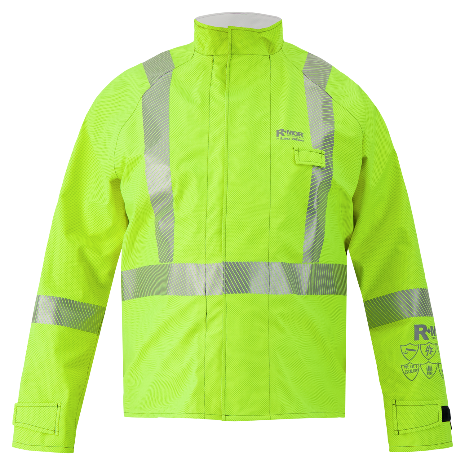 The Lac-Mac Multi-Haz Protective Jacket 707ZABJ is a neon yellow, flame-resistant GORE-TEX PYRAD jacket with silver reflective stripes and protective icons, designed for flammable liquid chemical hazards.