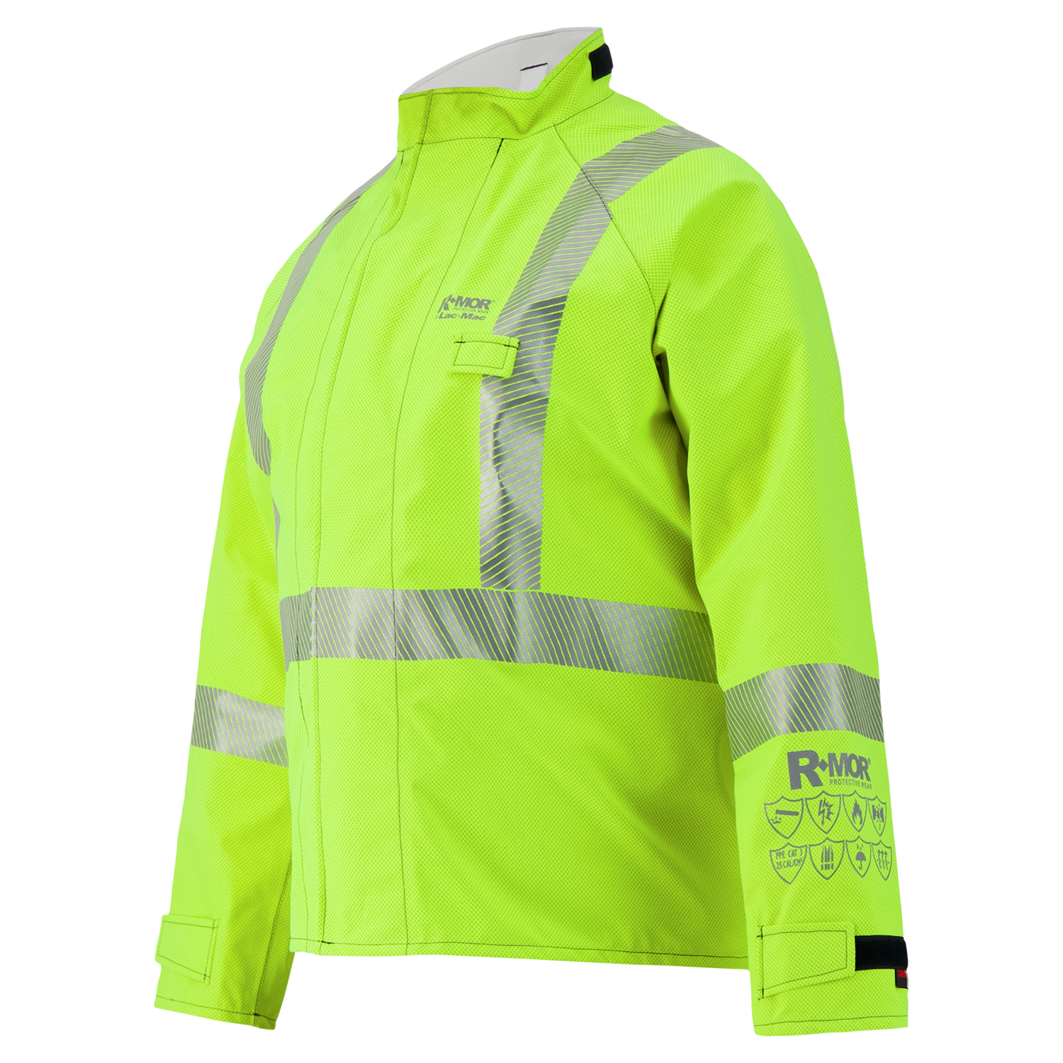 The Lac-Mac Limited Multi-Haz Protective Jacket 707ZABJ is a high-visibility yellow, flame-resistant jacket for flammable liquid chemical hazards, with silver reflective stripes, long sleeves, front zipper, and safety certification icons on the left sleeve.