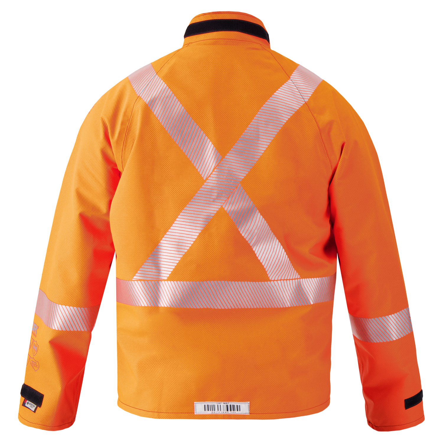 The Lac-Mac Multi-Haz Protective Jacket 707ZABJ for flammable liquid chemical hazards features high-visibility orange fabric and reflective silver "X" stripes on the back, shown against a white background.