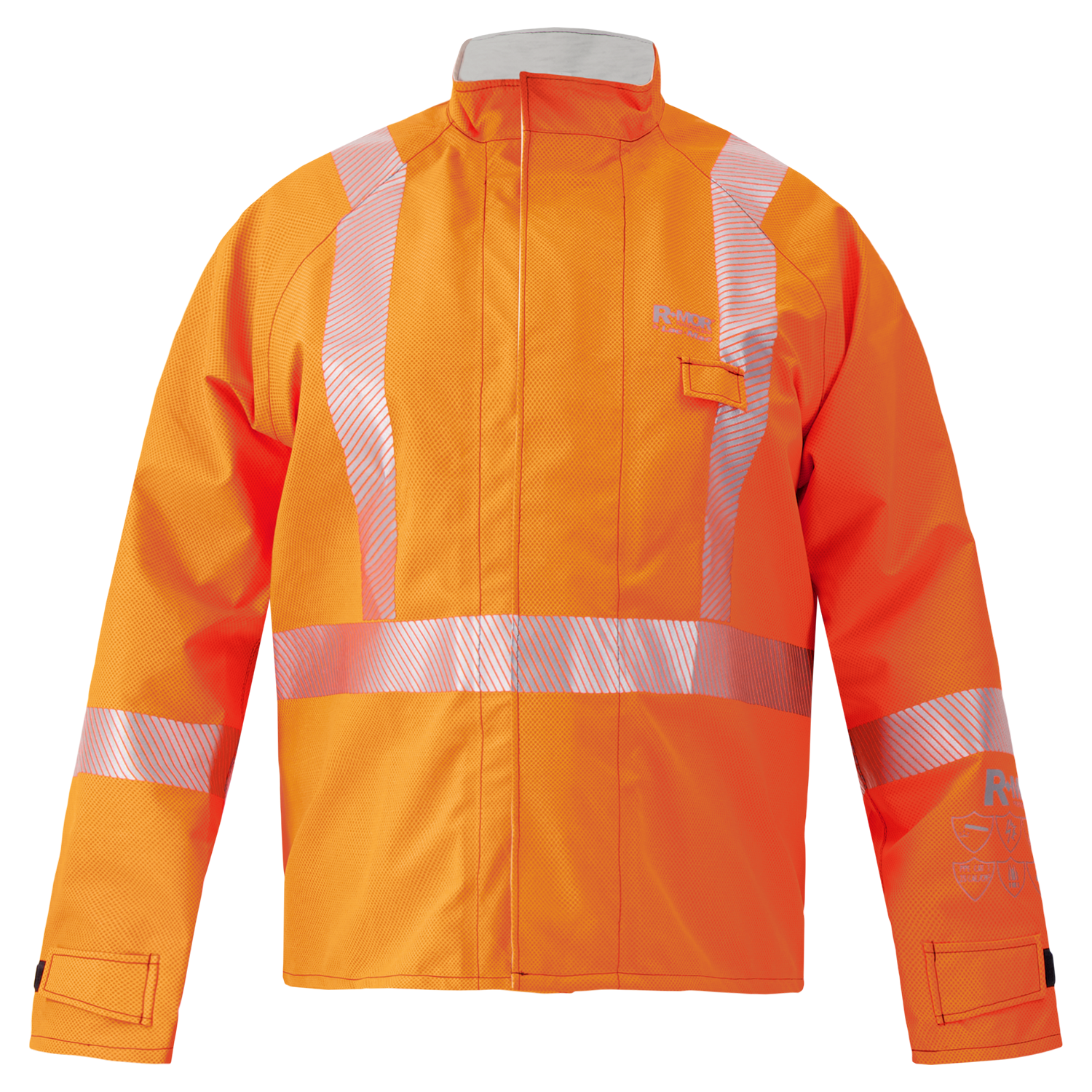 The Lac-Mac 707ZABJ Multi-Haz Protective Jacket for flammable liquid chemical hazards features advanced GORE-TEX PYRAD technology, with bright orange high-visibility and reflective silver stripes on the front, sleeves, and chest.