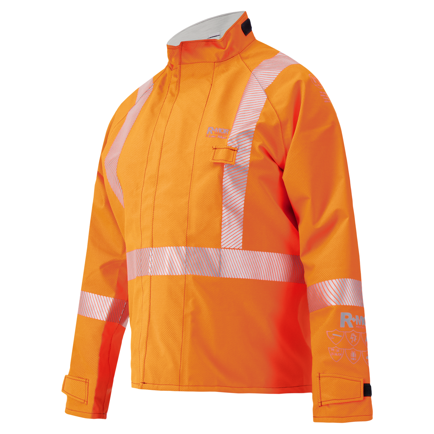 The Lac-Mac Multi-Haz Protective Jacket, model 707ZABJ, offers high-visibility orange fabric with silver reflective stripes, a front zipper, and chest pocket. Flame resistant for flammable liquid chemical hazards.