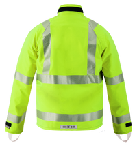 The Lac-Mac Multi-Haz Protective Jacket 707ZABR, designed for flammable liquid chemical hazards, features double sleeves and yellow GORE-TEX PYRAD with reflective stripes on the back, arms, and waist. Shown on a plain white background.