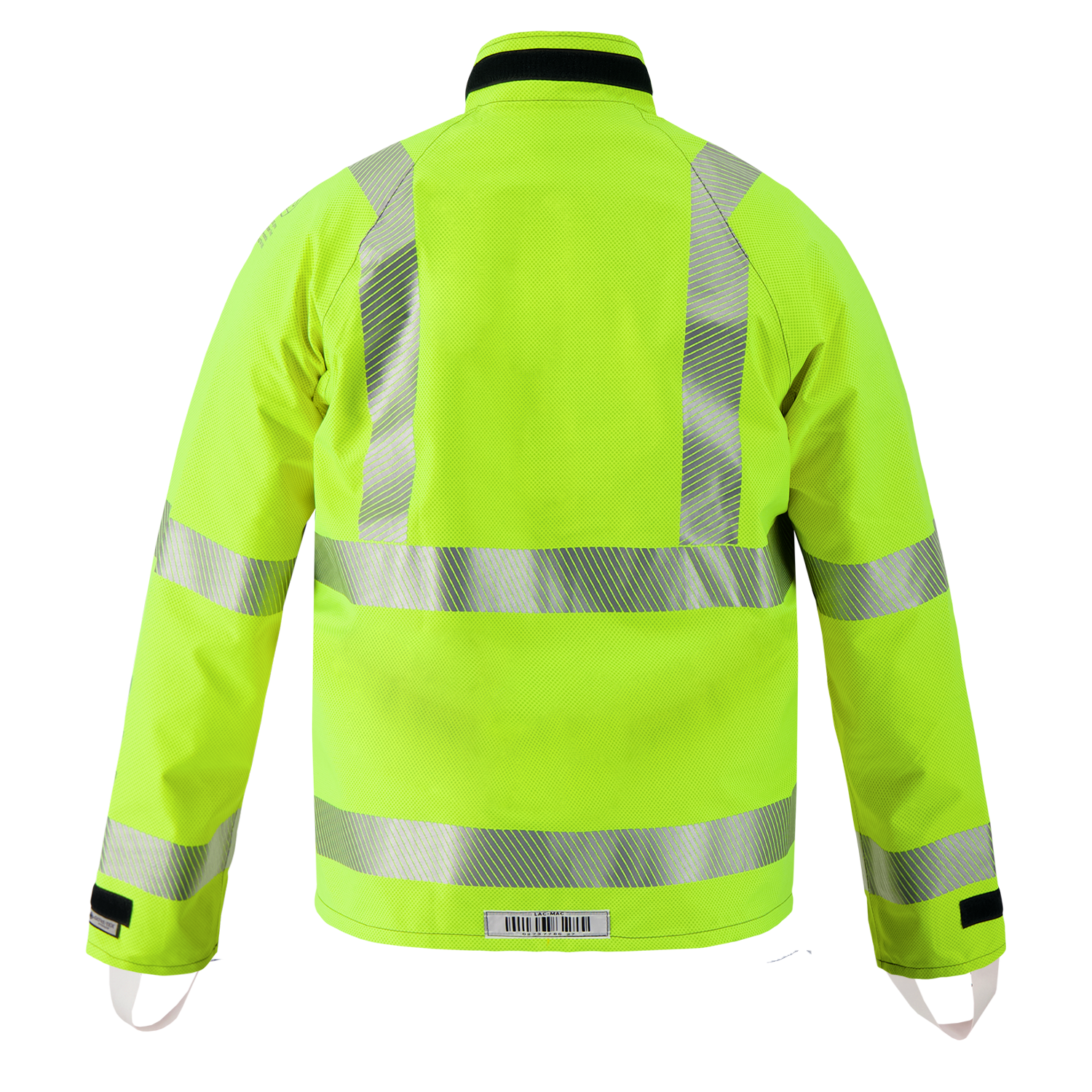 The Lac-Mac Multi-Haz Protective Jacket 707ZABR, designed for flammable liquid chemical hazards, features double sleeves and yellow GORE-TEX PYRAD with reflective stripes on the back, arms, and waist. Shown on a plain white background.