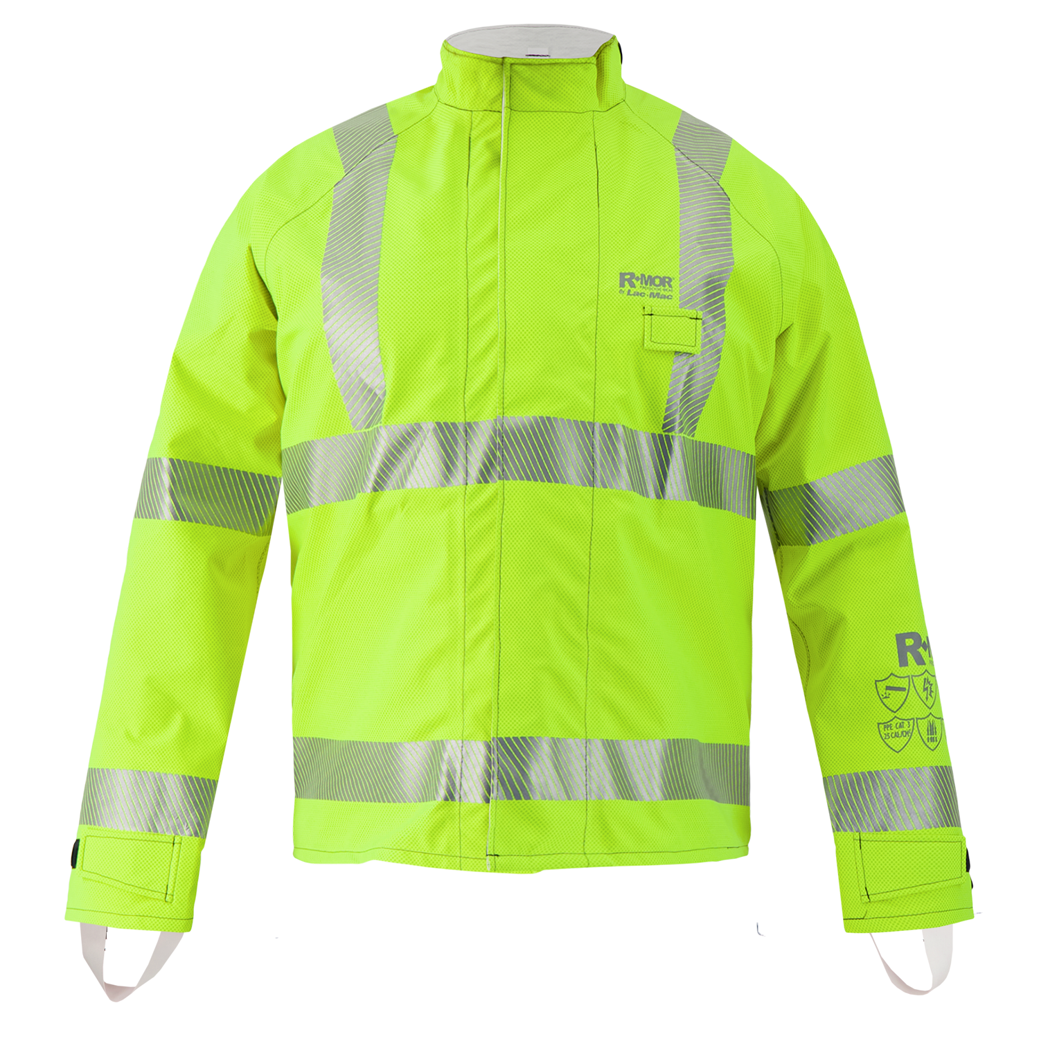 The Lac-Mac Limited Multi-Haz Protective Jacket 707ZABR, shown on a white background, features high-visibility yellow color, reflective silver stripes, and double sleeves for flammable liquid chemical hazard protection.