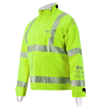 The Lac-Mac Multi-Haz Protective Jacket 707ZABR features double sleeves and is made for flammable liquid chemical hazards, with high-visibility neon yellow color, reflective stripes, and flame-resistant GORE-TEX PYRAD material.