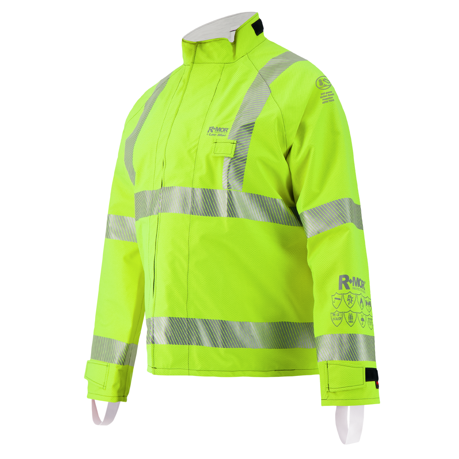 The Lac-Mac Multi-Haz Protective Jacket 707ZABR features double sleeves and is made for flammable liquid chemical hazards, with high-visibility neon yellow color, reflective stripes, and flame-resistant GORE-TEX PYRAD material.