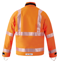 The Lac-Mac Multi-Haz Protective Jacket 707ZABR, shown from the back on a white background, features double sleeves and is designed for visibility and safety against flammable liquid chemical hazards.