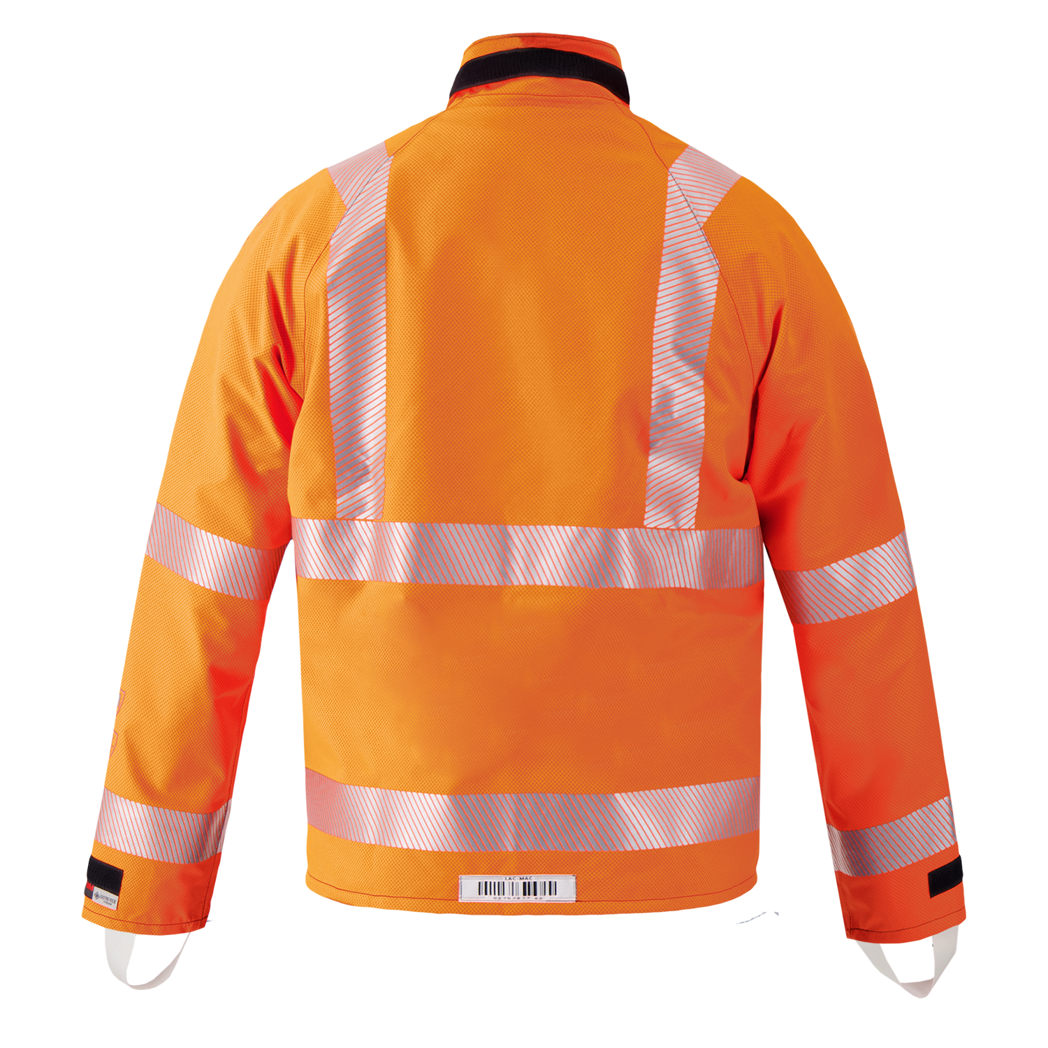 The Lac-Mac Multi-Haz Protective Jacket 707ZABR, shown from the back on a white background, features double sleeves and is designed for visibility and safety against flammable liquid chemical hazards.