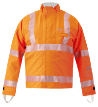 The Lac-Mac Multi-Haz Protective Jacket 707ZABR, designed for flammable liquid chemical hazards, features double sleeves and GORE-TEX PYRAD tech. High-visibility orange with reflective stripes on arms, chest, and waist.