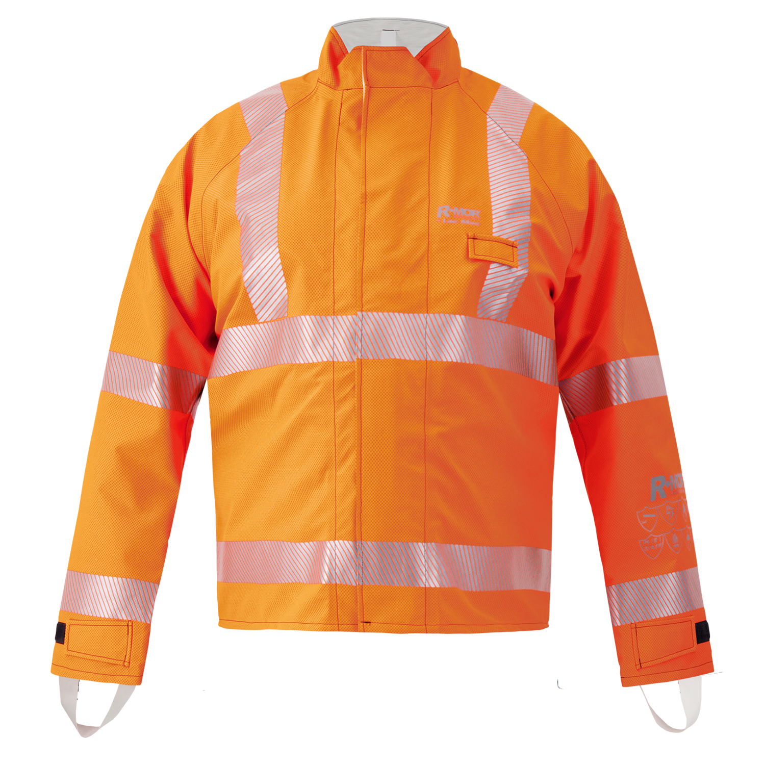 The Lac-Mac Multi-Haz Protective Jacket 707ZABR, designed for flammable liquid chemical hazards, features double sleeves and GORE-TEX PYRAD tech. High-visibility orange with reflective stripes on arms, chest, and waist.