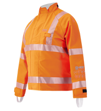The Lac-Mac Multi-Haz Protective Jacket 707ZABR offers advanced weather protection with GORE-TEX PYRAD, double sleeves for flammable liquid chemical hazards, reflective stripes, hook-and-loop wrist closures, and a stand-up collar.
