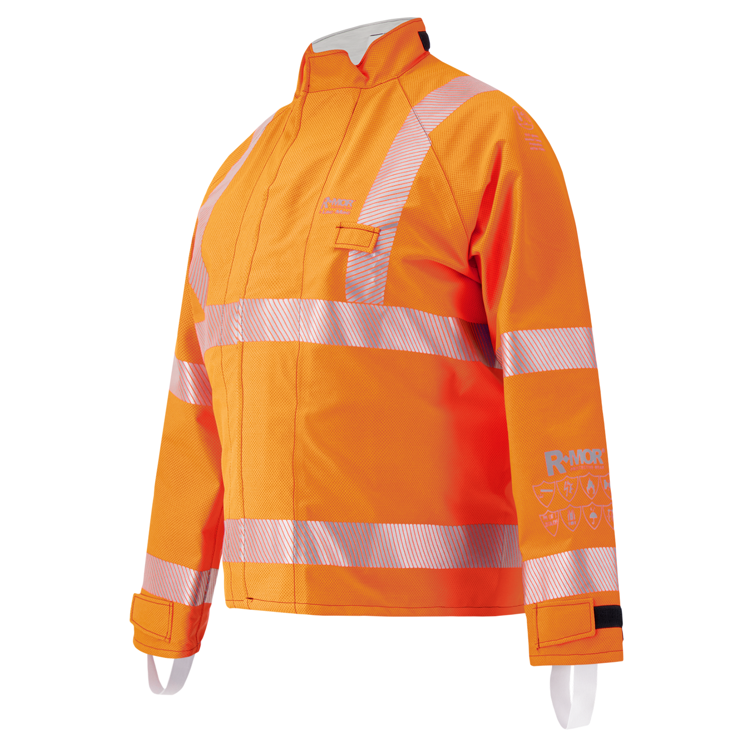 The Lac-Mac Multi-Haz Protective Jacket 707ZABR offers advanced weather protection with GORE-TEX PYRAD, double sleeves for flammable liquid chemical hazards, reflective stripes, hook-and-loop wrist closures, and a stand-up collar.