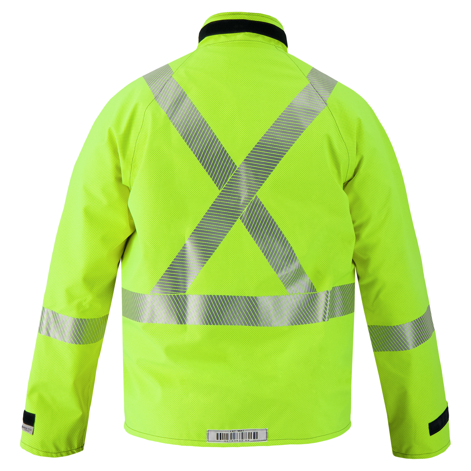 The Lac-Mac Multi-Haz Protective Jacket 707ZACV, designed for flammable liquid chemical hazards, features GORE-TEX PYRAD tech and high-visibility yellow fabric with reflective silver X-shaped and horizontal stripes, shown from the back.
