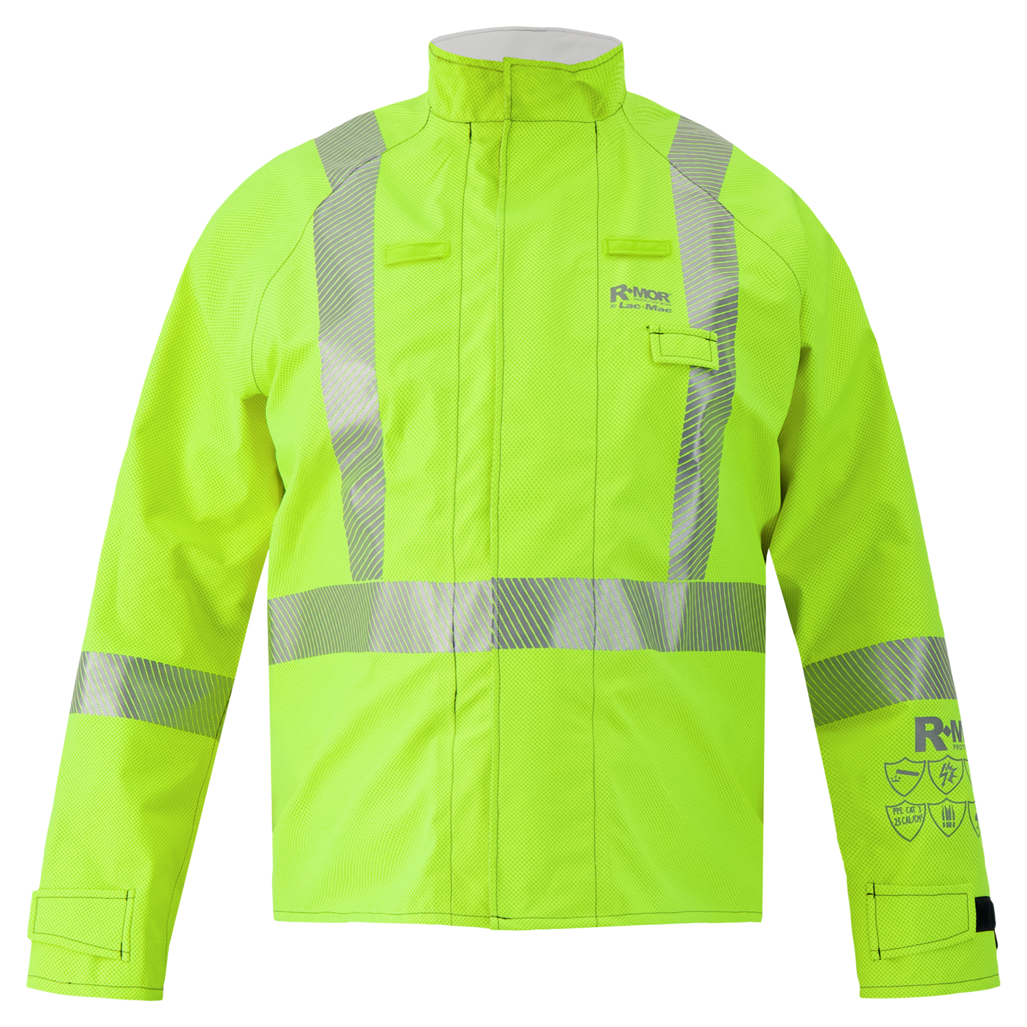 The Lac-Mac Multi-Haz Protective Jacket (707ZACV) for flammable liquid chemical hazards features high-visibility yellow, reflective silver stripes, long sleeves, front closure, and logo accents. Shown on a white background.