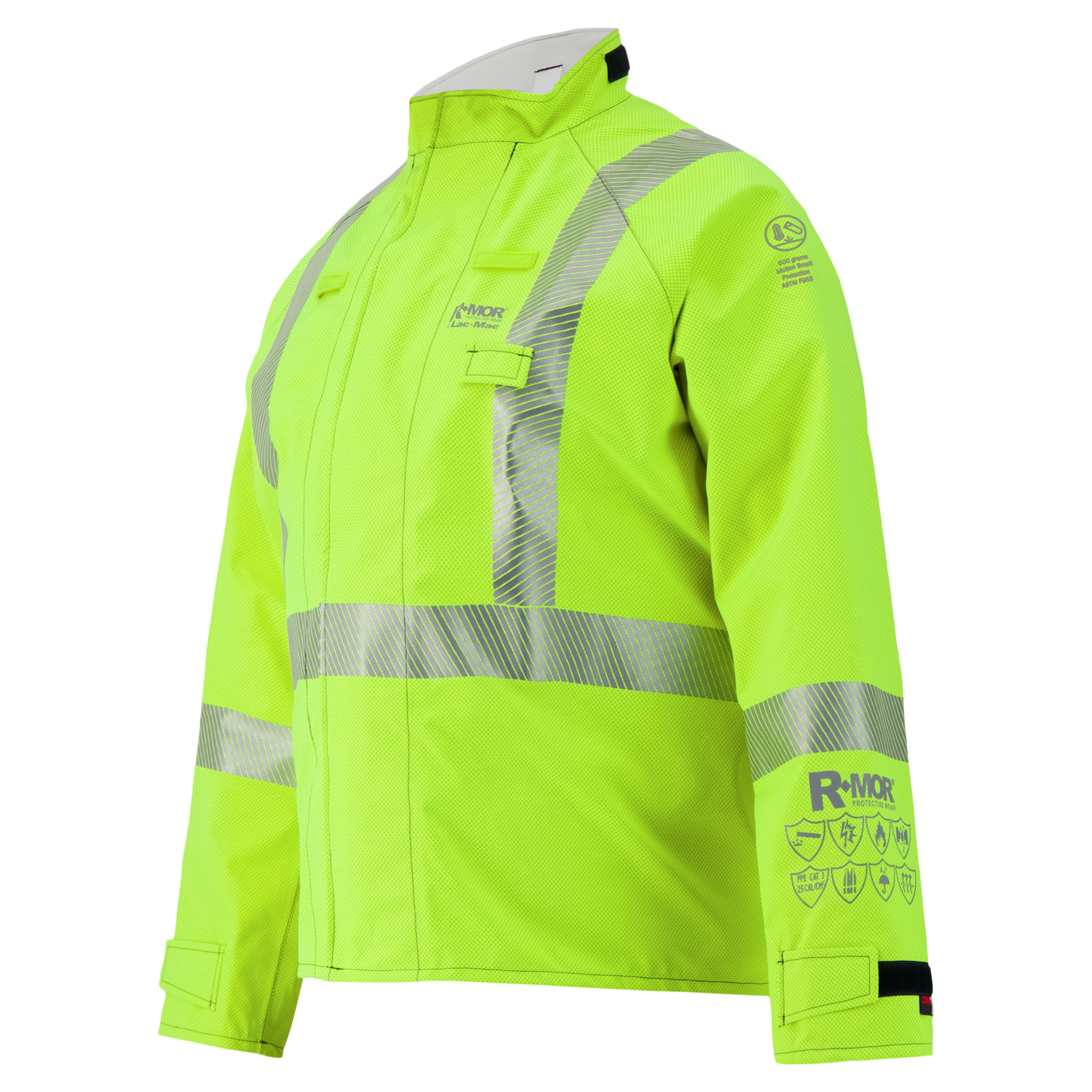 The Lac-Mac Multi-Haz Protective Jacket 707ZACV is a high-visibility yellow, long-sleeve GORE-TEX PYRAD jacket with reflective silver stripes and multiple safety certification icons on the right cuff for flammable liquid chemical hazards.