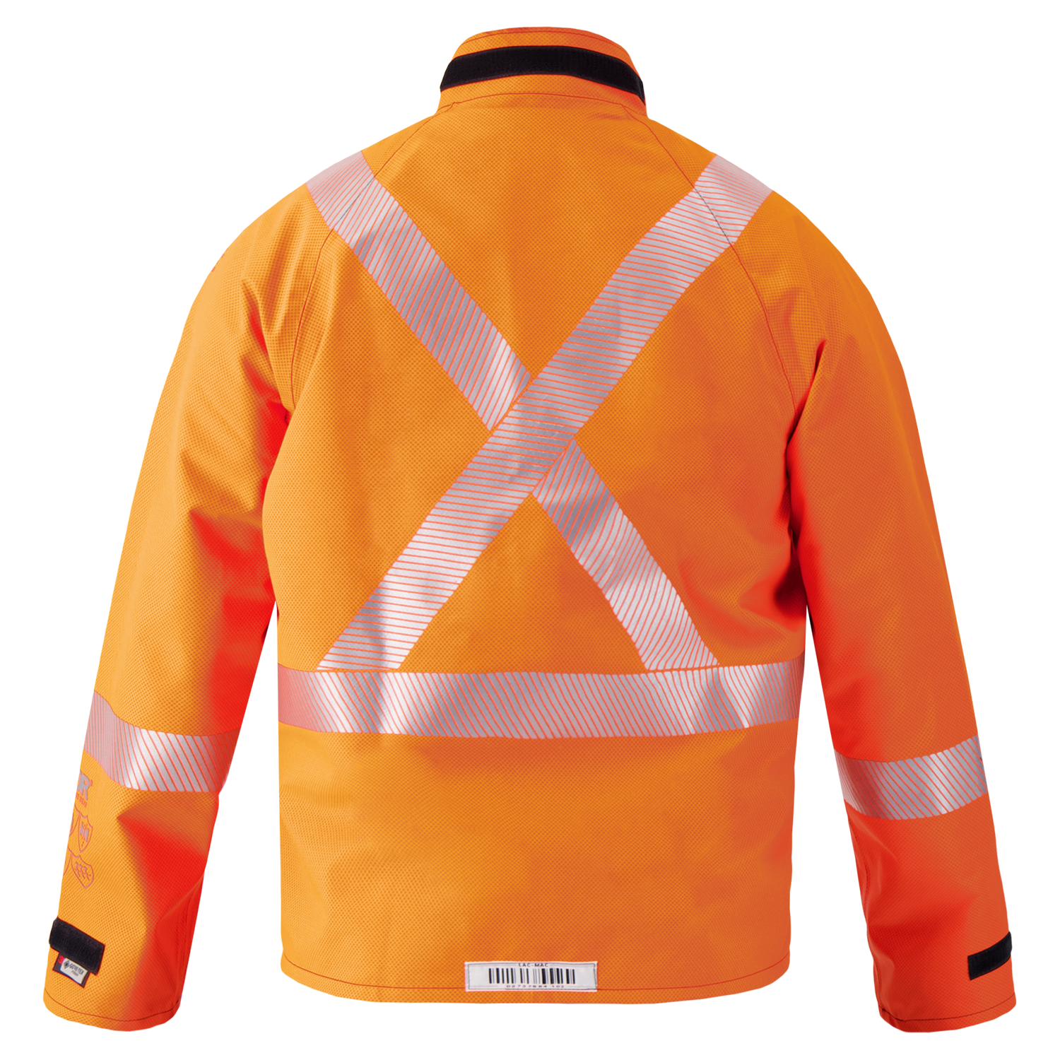 The Lac-Mac Multi-Haz Protective Jacket (707ZACV) for flammable liquid chemical hazards features high-visibility orange GORE-TEX PYRAD fabric with reflective silver "X" stripes on the back, shown against a plain background.