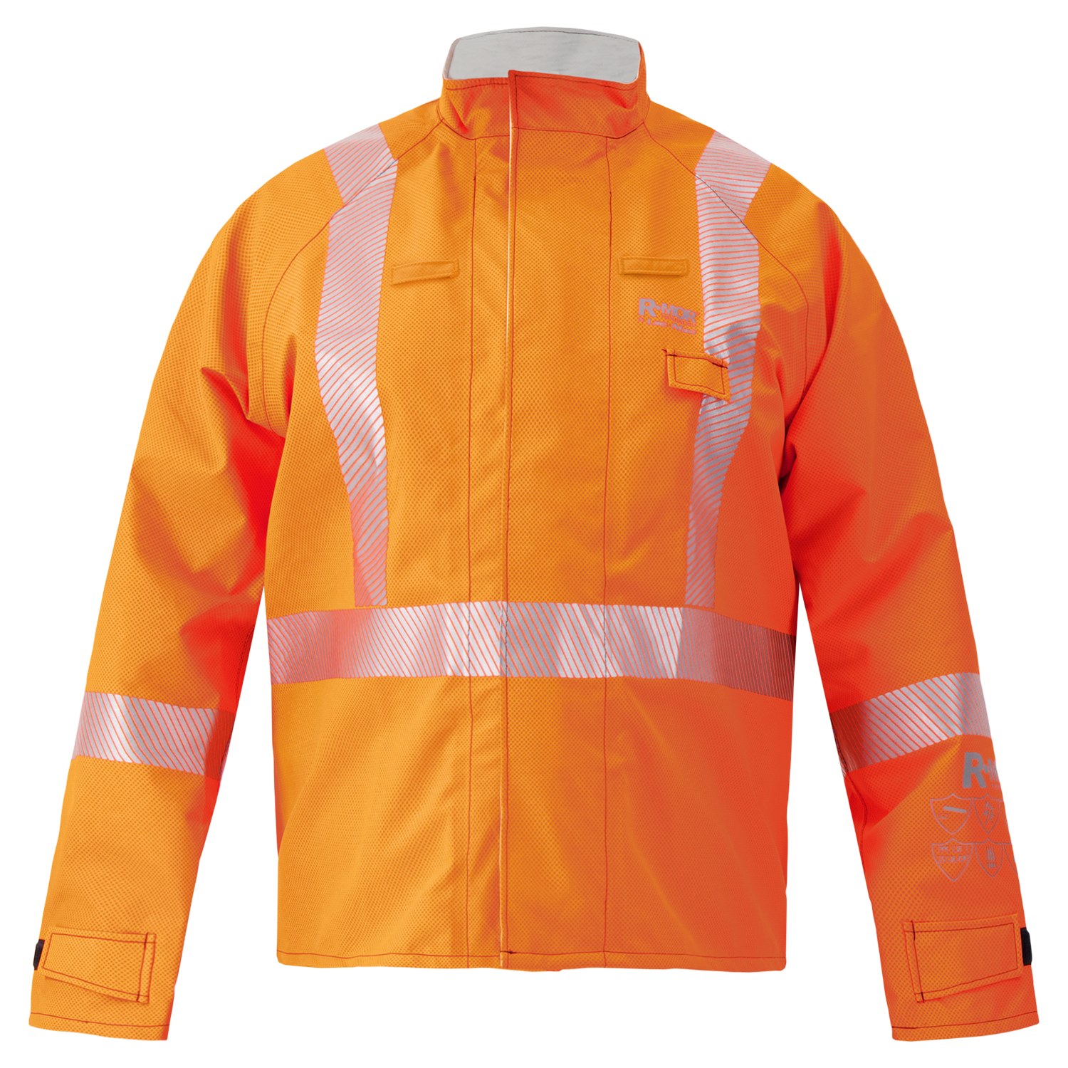 The Lac-Mac Multi-Haz Protective Jacket 707ZACV, designed for flammable liquid chemical hazards, features high-visibility orange color with reflective silver stripes and is made from flame resistant GORE-TEX PYRAD fabric.