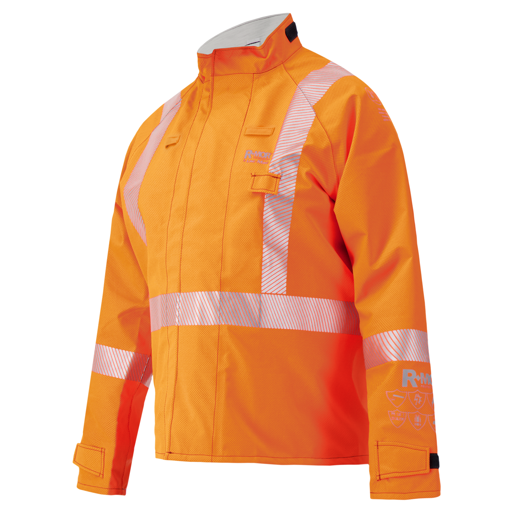 The Lac-Mac Multi-Haz Protective Jacket, 707ZACV, offers high-visibility orange color with reflective silver stripes and GORE-TEX PYRAD fabric for flame-resistant protection from flammable liquid chemical hazards.