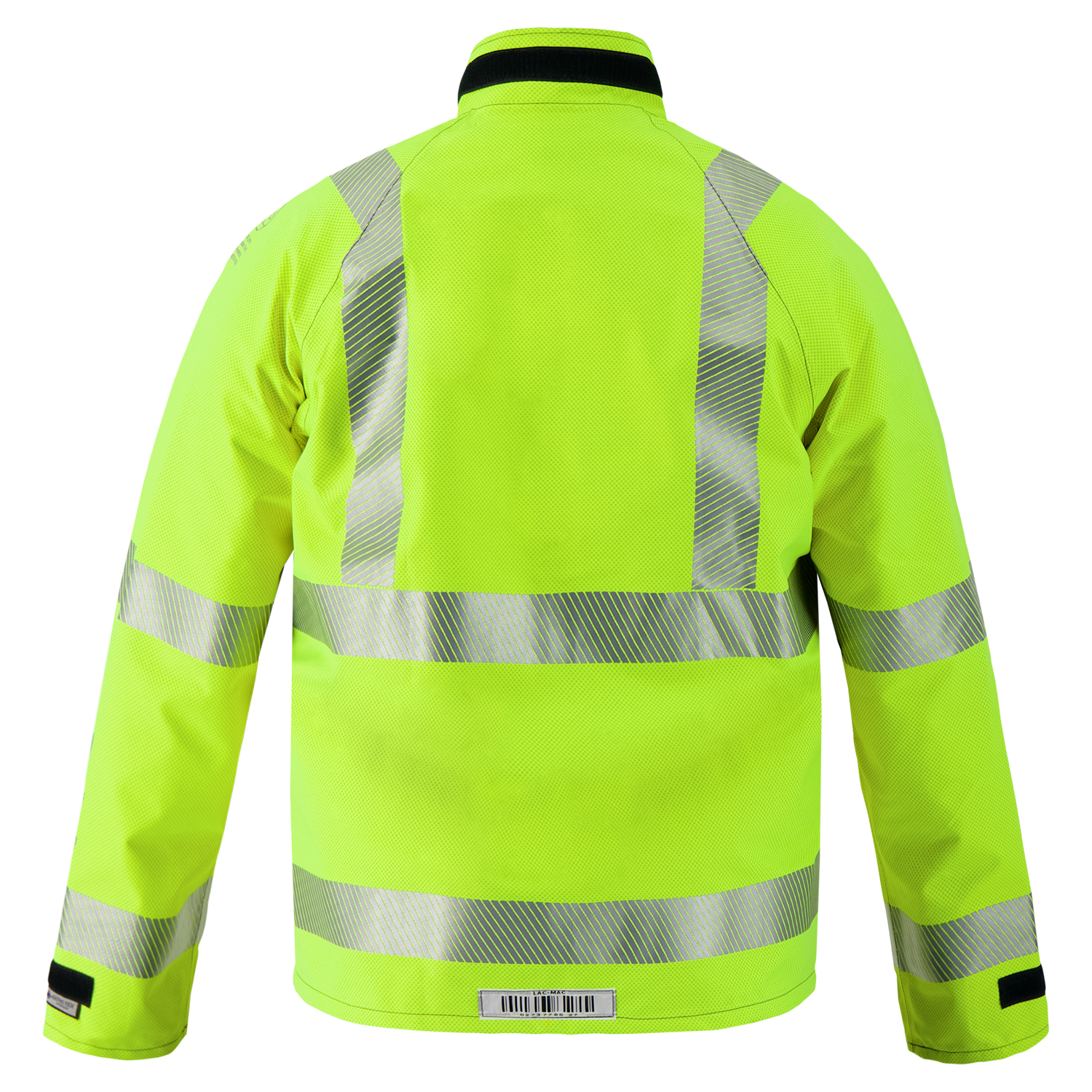 The Lac-Mac Multi-Haz Protective Jacket (707ZACY), shown from the back, features high-visibility fluorescent yellow, silver reflective stripes, and flame-resistant GORE-TEX PYRAD fabric for protection against flammable liquid chemical hazards.
