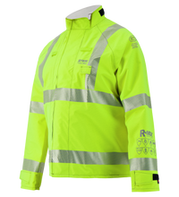 The Lac-Mac Multi-Haz Protective Jacket 707ZACY is a high-visibility yellow, flame-resistant GORE-TEX PYRAD jacket for flammable liquid chemical hazards, with reflective stripes and protective symbols on the left sleeve and chest.