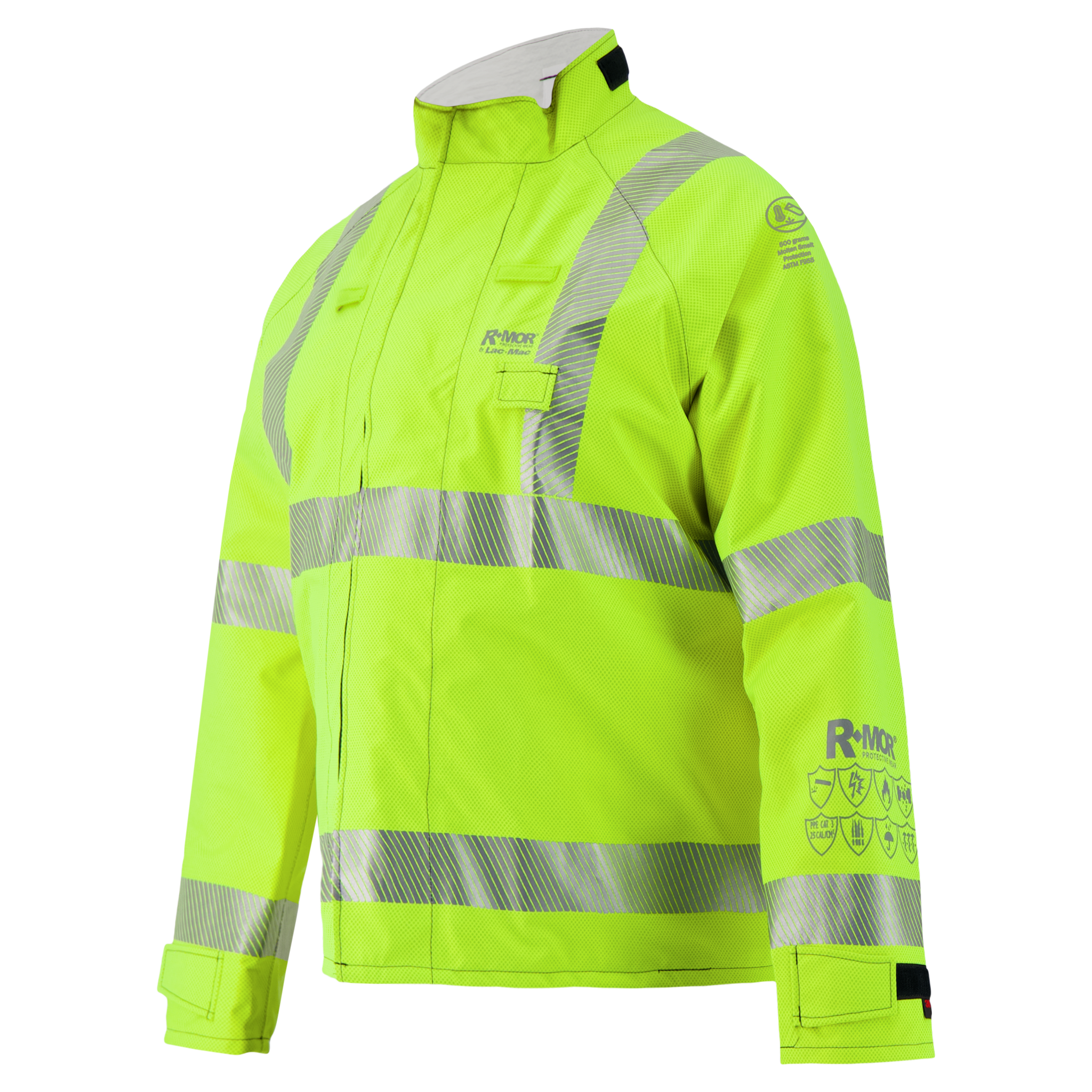 The Lac-Mac Multi-Haz Protective Jacket 707ZACY is a high-visibility yellow, flame-resistant GORE-TEX PYRAD jacket for flammable liquid chemical hazards, with reflective stripes and protective symbols on the left sleeve and chest.