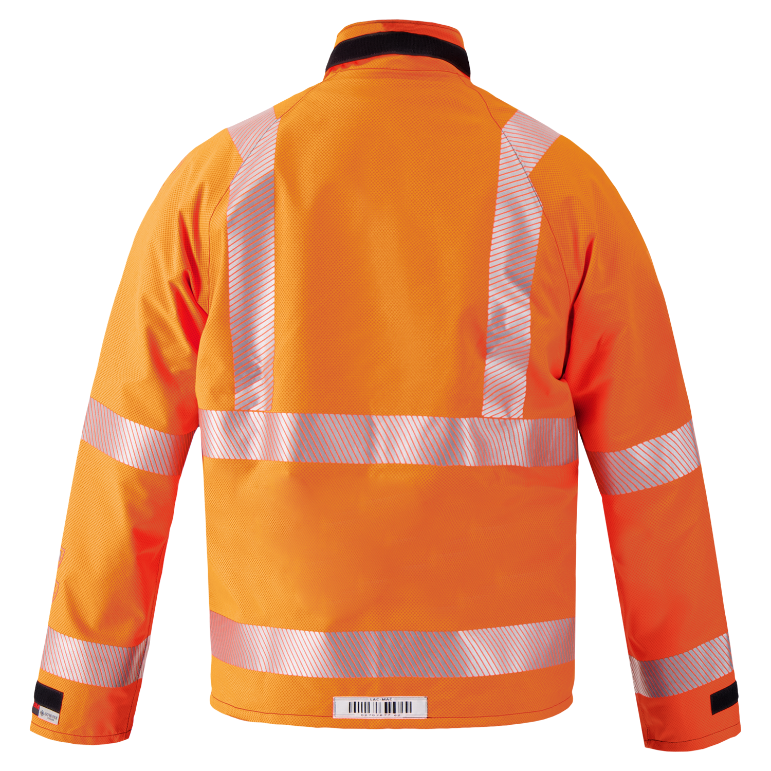 Back view of the Lac-Mac Multi-Haz Protective Jacket 707ZACY in orange, featuring flame-resistant GORE-TEX PYRAD material and reflective silver stripes on sleeves, shoulders, and waist. Designed for flammable liquid chemical hazards. Shown on white background.