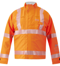 The Lac-Mac Multi-Haz Protective Jacket 707ZACY is a bright orange, high-visibility jacket for flammable liquid chemical hazards with reflective stripes and flame resistant GORE-TEX PYRAD fabric for safety and visibility.