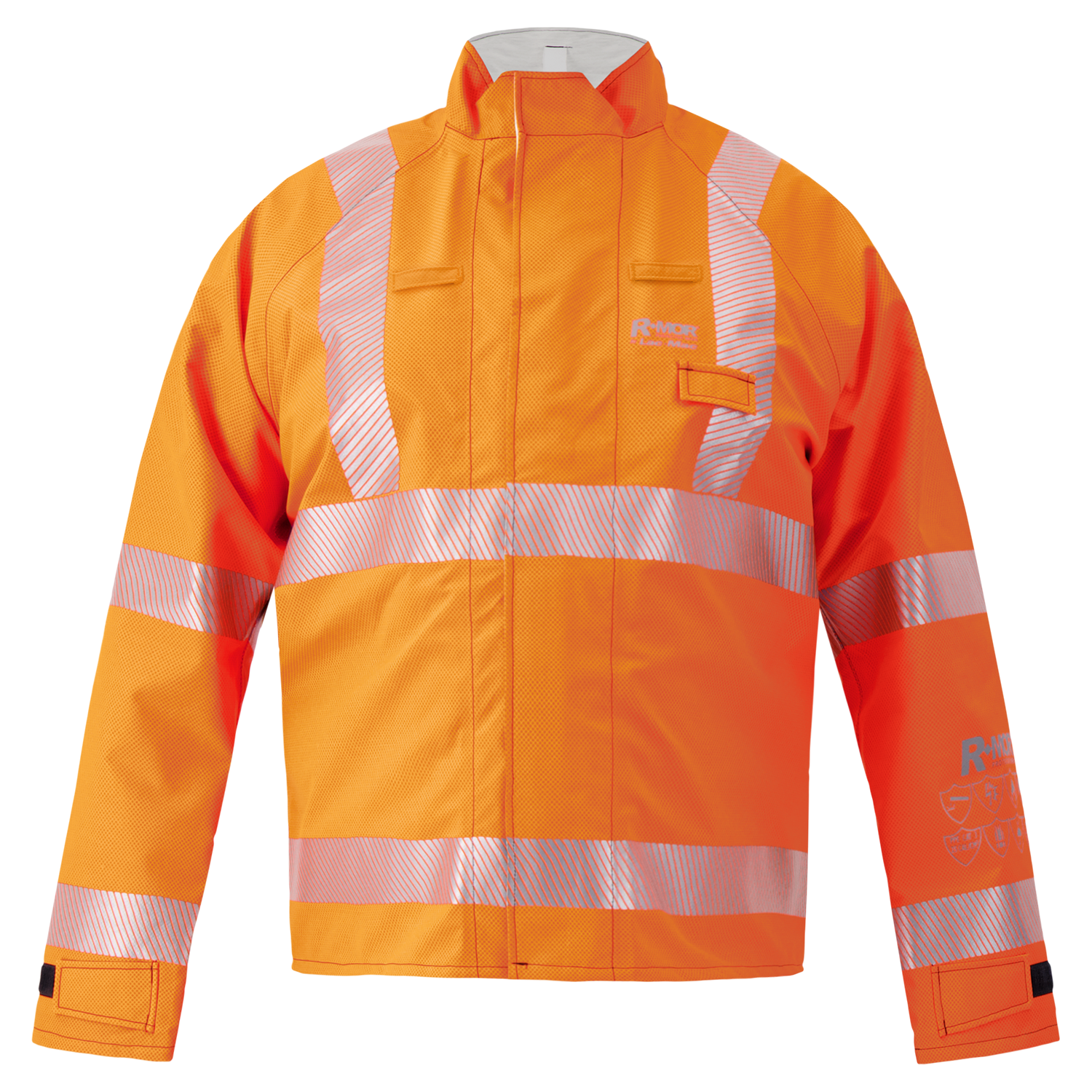 The Lac-Mac Multi-Haz Protective Jacket 707ZACY is a bright orange, high-visibility jacket for flammable liquid chemical hazards with reflective stripes and flame resistant GORE-TEX PYRAD fabric for safety and visibility.