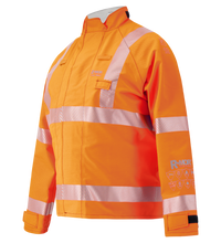 The Lac-Mac Multi-Haz Protective Jacket (707ZACY) for flammable liquid chemical hazards is bright orange, features reflective silver stripes, a standing collar, and logos on the chest and sleeve. It is also flame-resistant for enhanced safety.