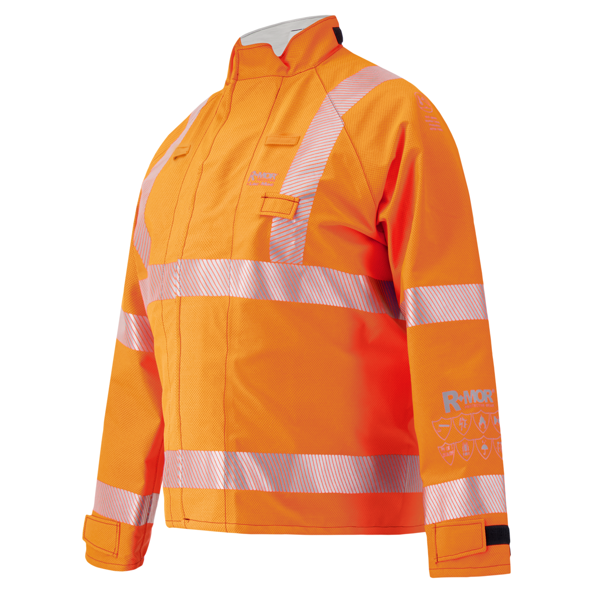 The Lac-Mac Multi-Haz Protective Jacket (707ZACY) for flammable liquid chemical hazards is bright orange, features reflective silver stripes, a standing collar, and logos on the chest and sleeve. It is also flame-resistant for enhanced safety.
