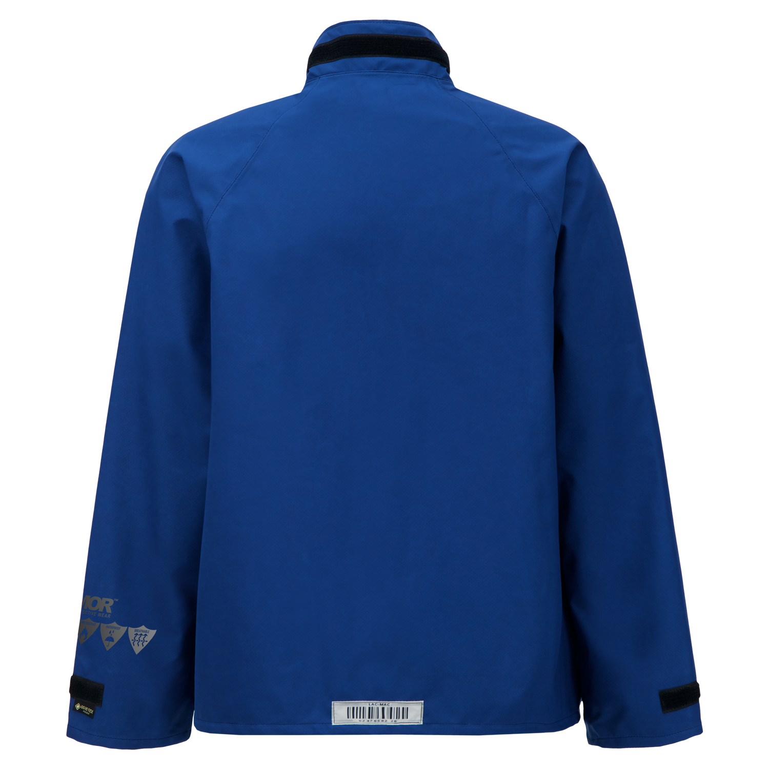 Back view of a long-sleeved, blue Multi-Haz Protective Jacket, for flammable liquid chemical hazards, 707ZA with a stand-up collar, featuring a small barcode at the bottom and Lac-Mac, Limited logos on the lower sleeve.