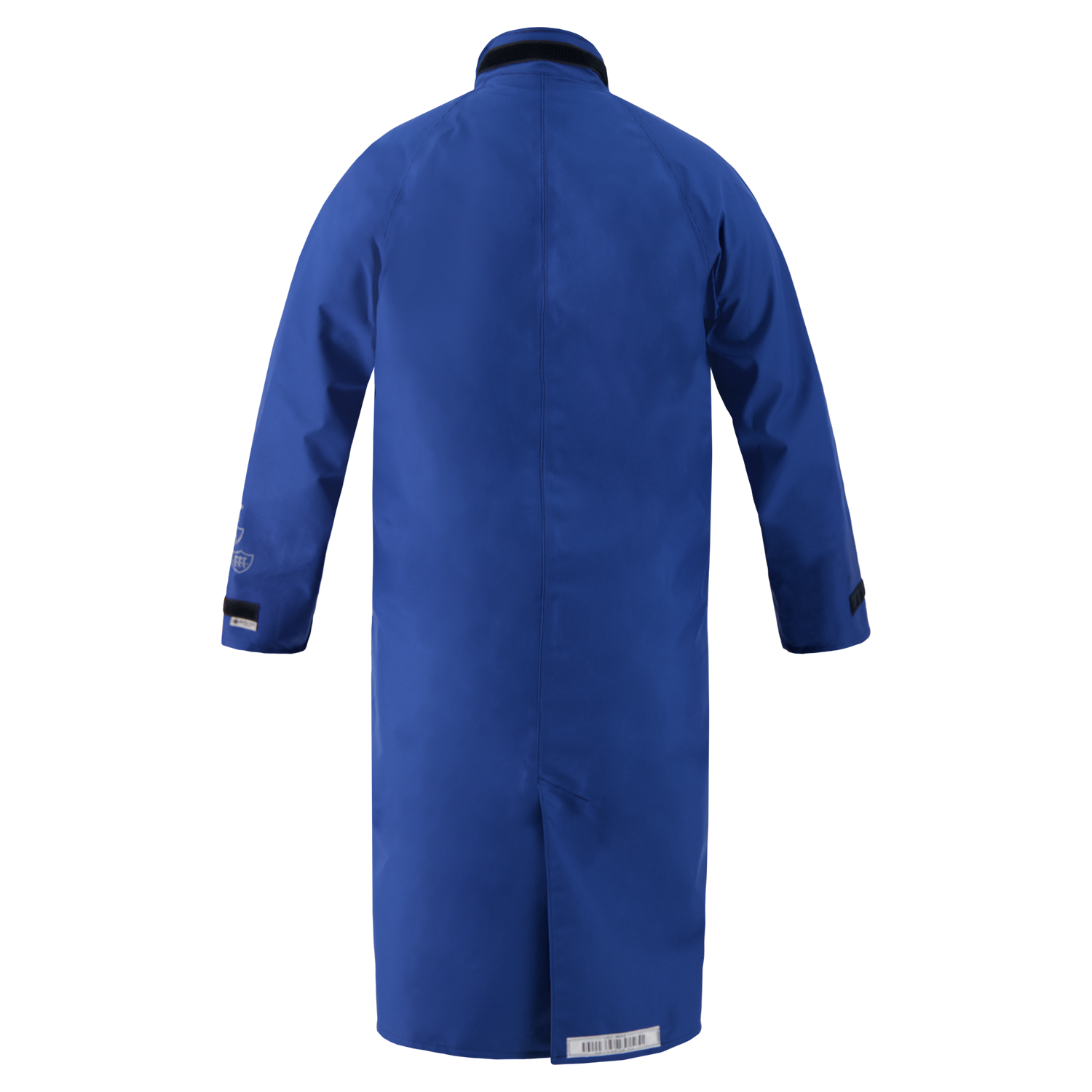 A blue Lac-Mac 707ZD Multi-Haz Protective Duster Coat for flammable liquid chemical hazards is shown from the back, featuring long sleeves, a high collar, and knee-length coverage for enhanced safety.