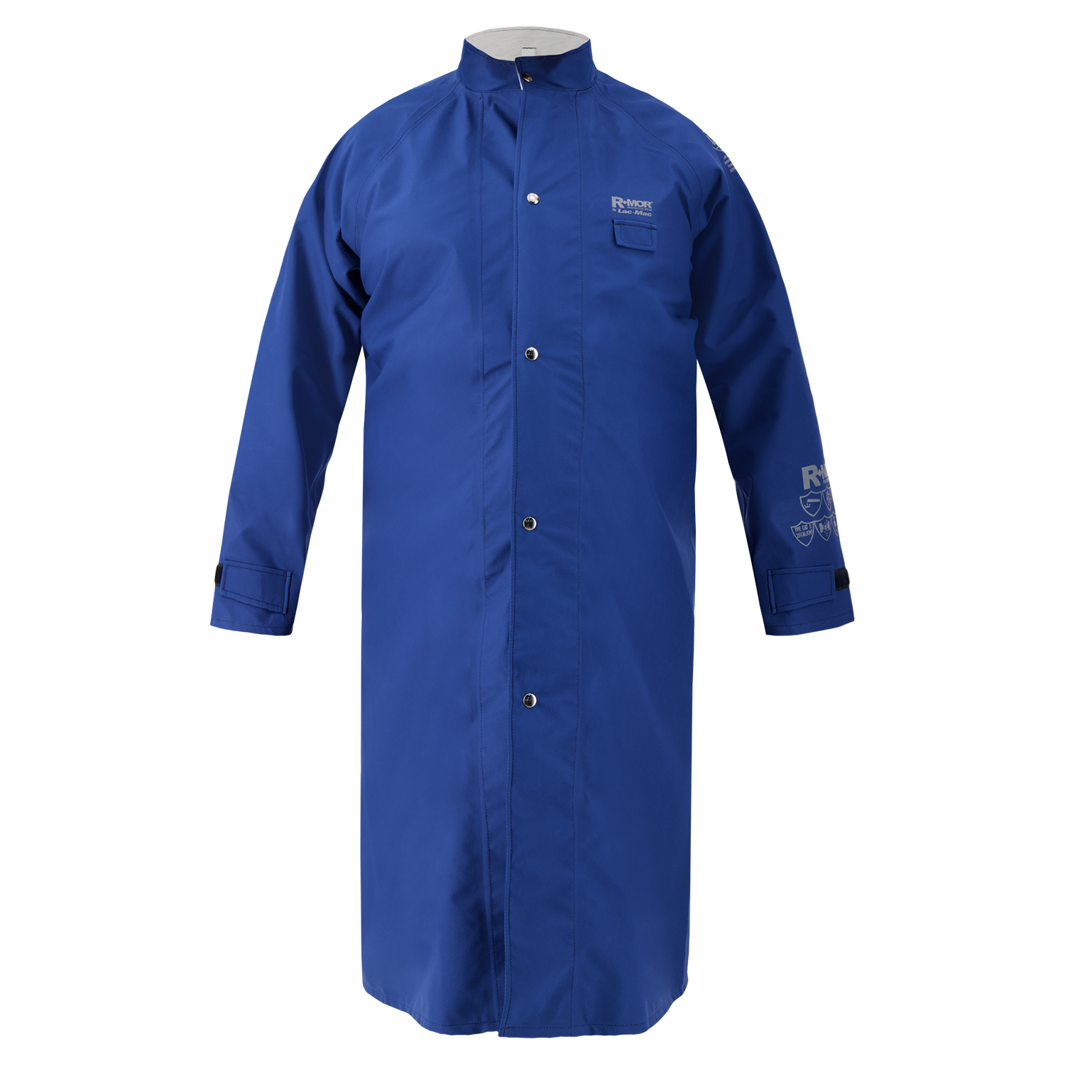 The Lac-Mac Multi-Haz Protective Duster Coat 707ZD, for flammable liquid chemical hazards, features long sleeves, a standing collar, snap buttons, chest pocket, and blue GORE-TEX PYRAD fabric. Displayed on a headless mannequin. NFPA 1990 certified.