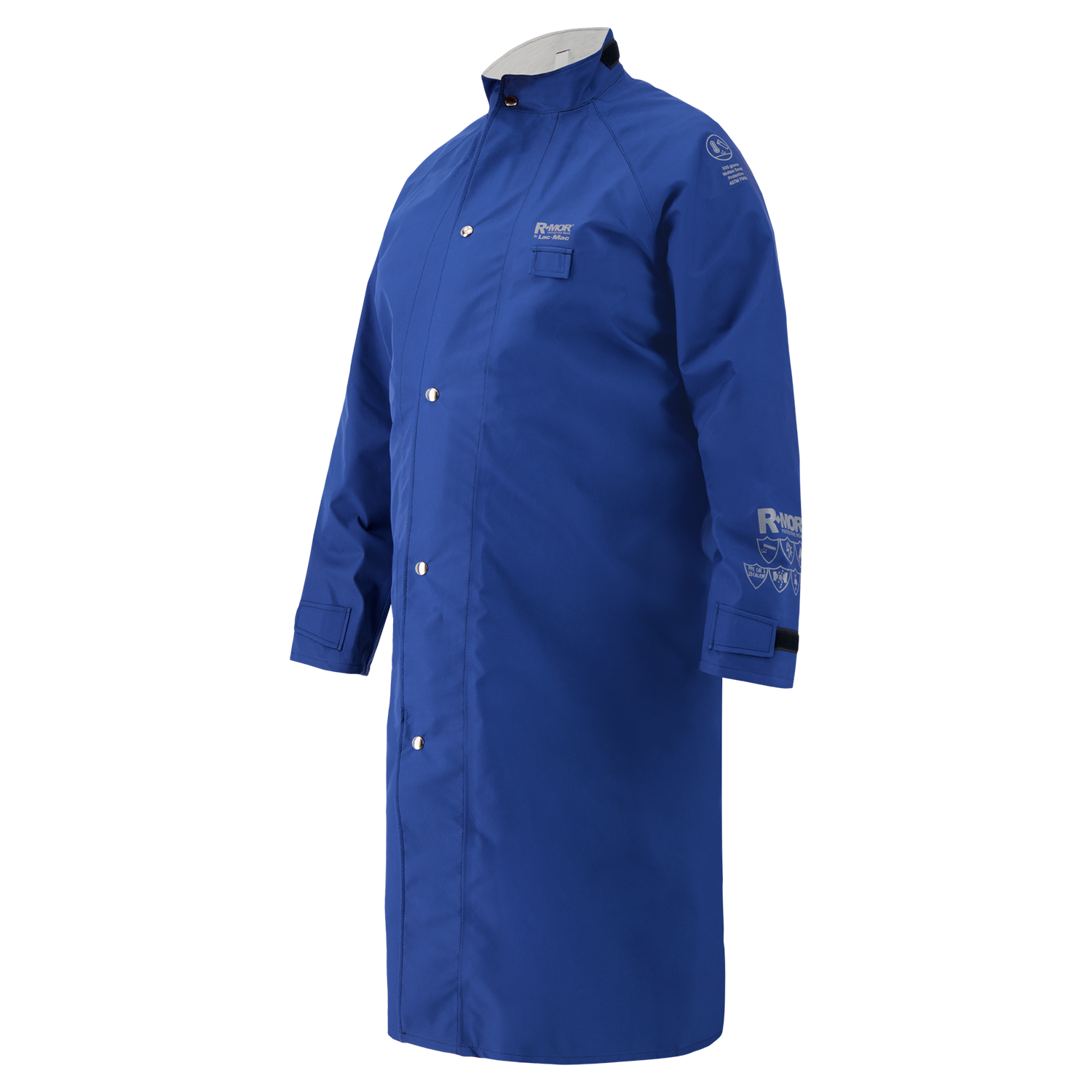 The Lac-Mac Multi-Haz Protective Duster Coat 707ZD, designed for flammable liquid chemical hazards, features long sleeves, blue GORE-TEX PYRAD fabric, snap buttons, a high collar, and a chest pocket on a plain background.
