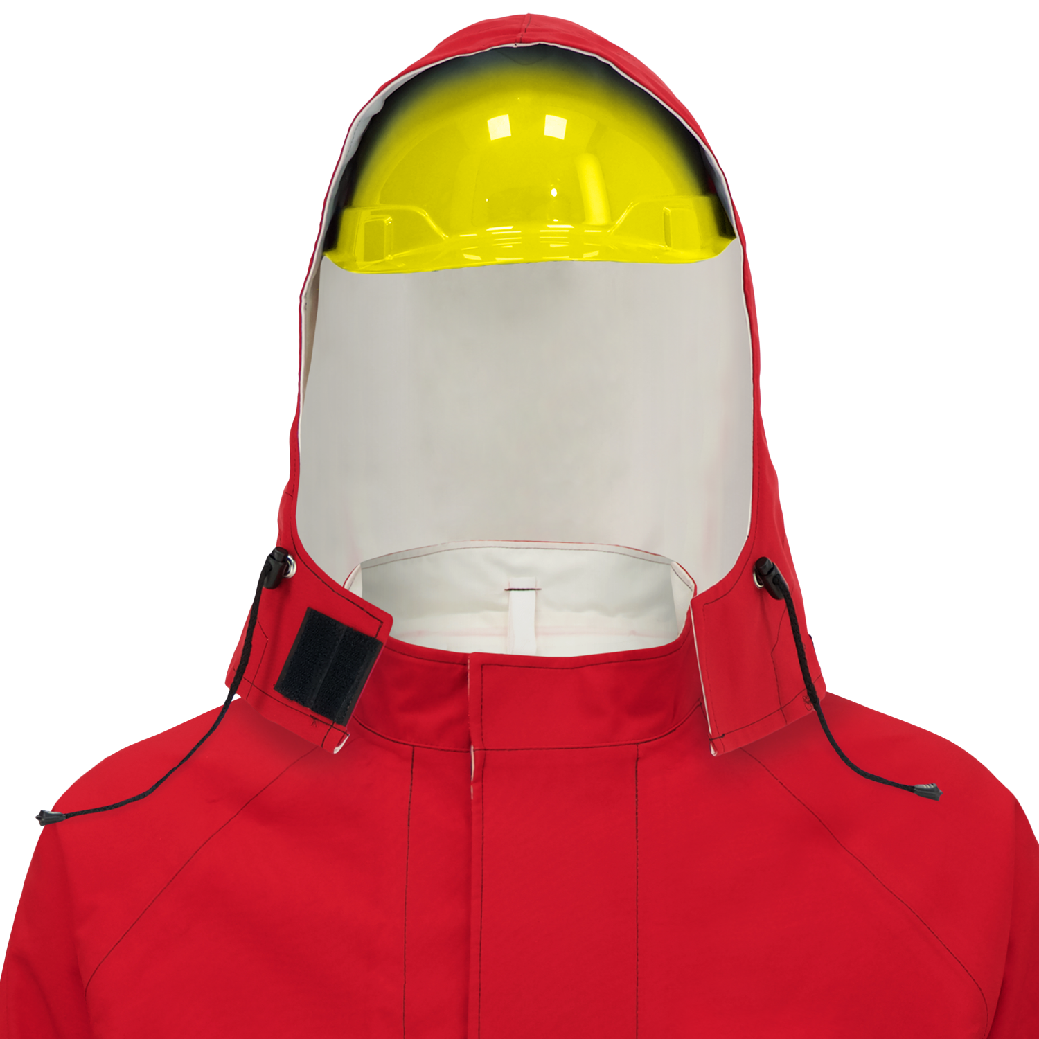 A person wearing a red protective suit made of GORE-TEX Chemical Splash Fabric, complemented by a yellow helmet and a transparent face shield, epitomizes top-tier protective wear with the Chemical Splash Protective Hood, for non-flammable liquid chemical hazards, 708XC by Lac-Mac, Limited.