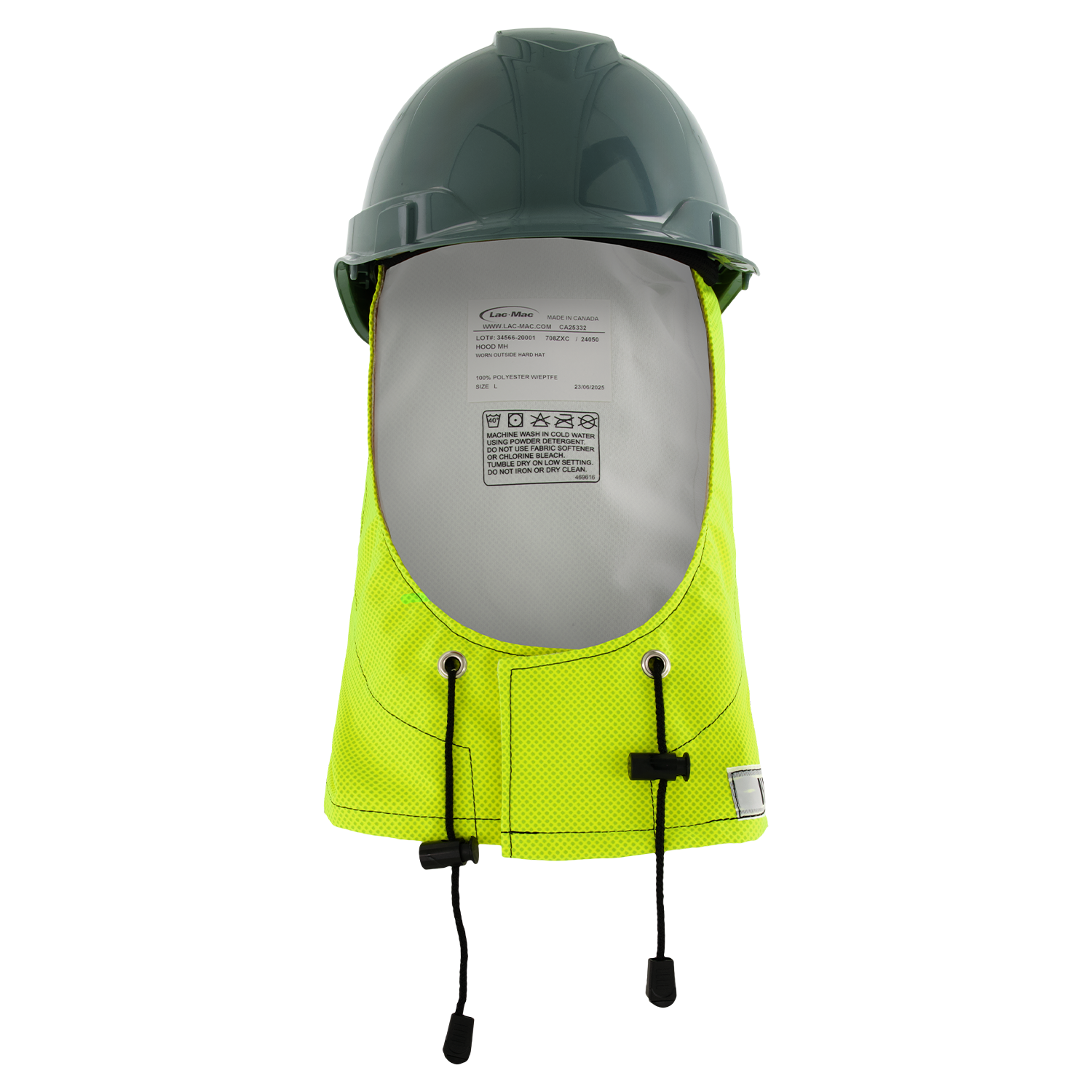 A grey hard hat with a yellow mesh neck shade, interior label, and adjustable drawstrings is designed to pair with the Lac-Mac Multi-Haz Protective Hood (708ZXC) for flammable liquid chemical hazards for enhanced safety.