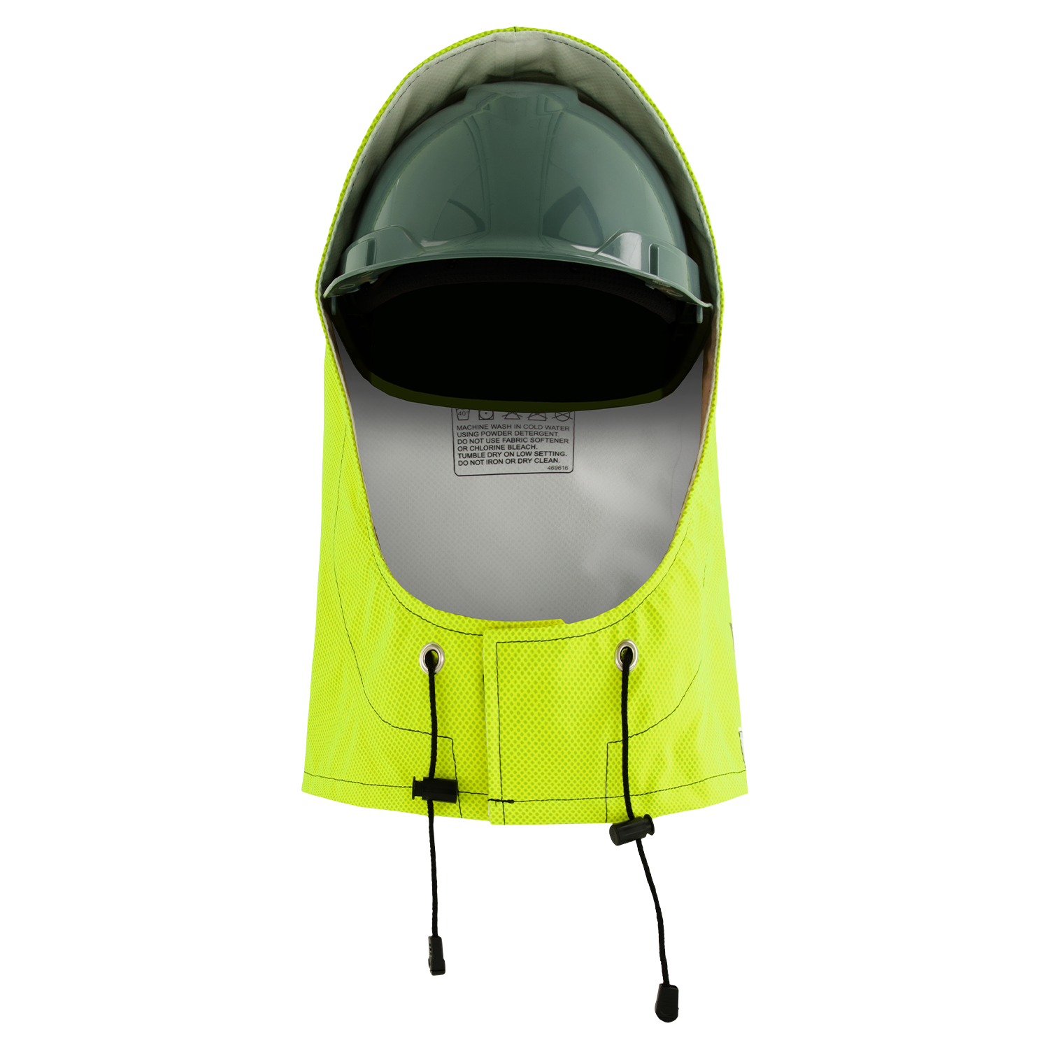 The Lac-Mac Multi-Haz Protective Hood, 708ZXC, for flammable liquid chemical hazards, is a green hard hat with a yellow hi-vis neck shield, drawstrings, and an inner label, shown from above on a white background.