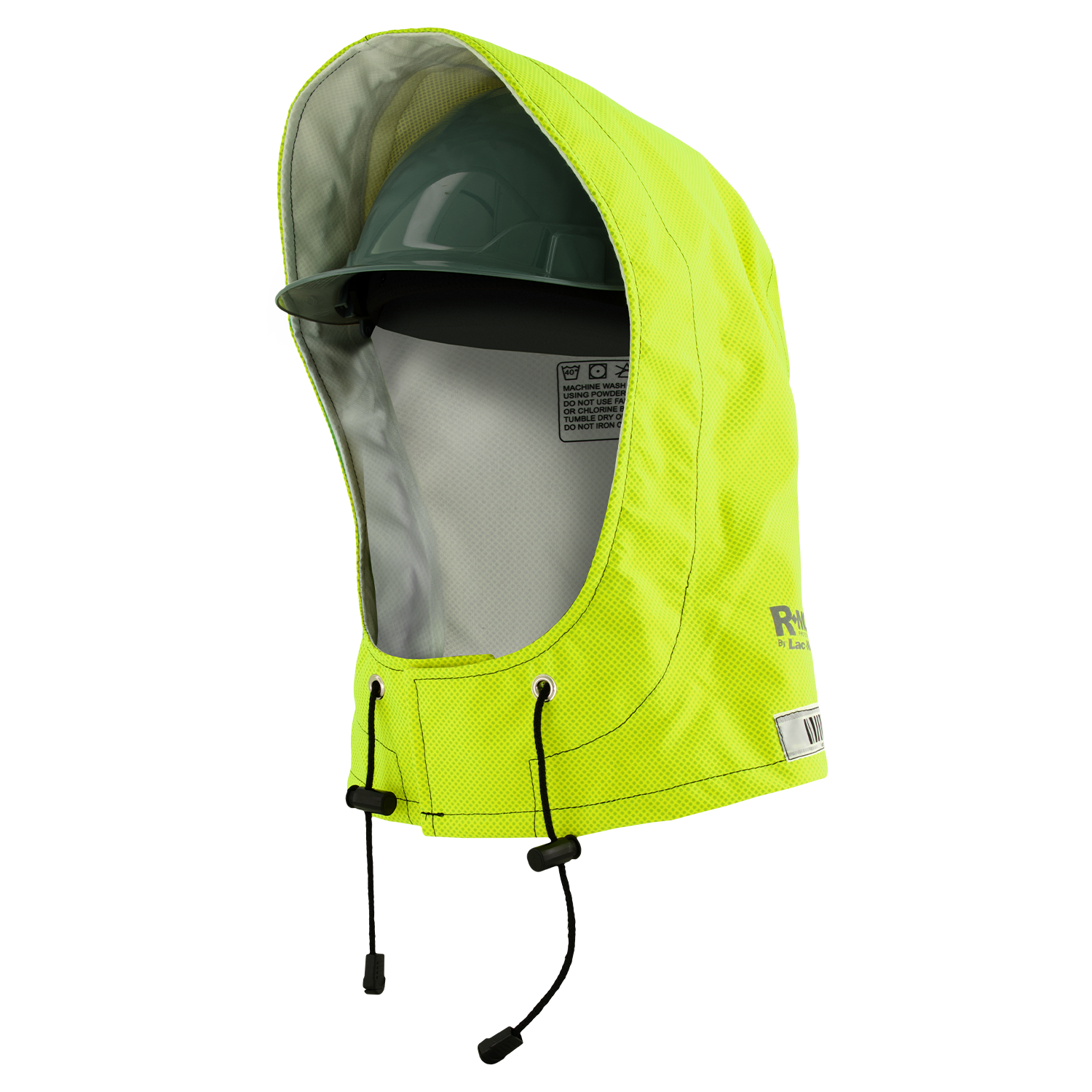 A yellow high-visibility helmet cover with a drawstring partially covers a green safety helmet, offering arc flash protection and pairing well with the Lac-Mac Multi-Haz Protective Hood (708ZXC) for flammable liquid chemical hazards.