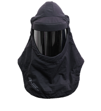 The Lac-Mac Switch Suit Hood and Face Shield Ensemble, 75 Cal. ARC Rated (709KA), features GORE-TEX PYRAD tech for advanced ARC Flash Protection, with a glossy face shield and extended neck/shoulder coverage in black.