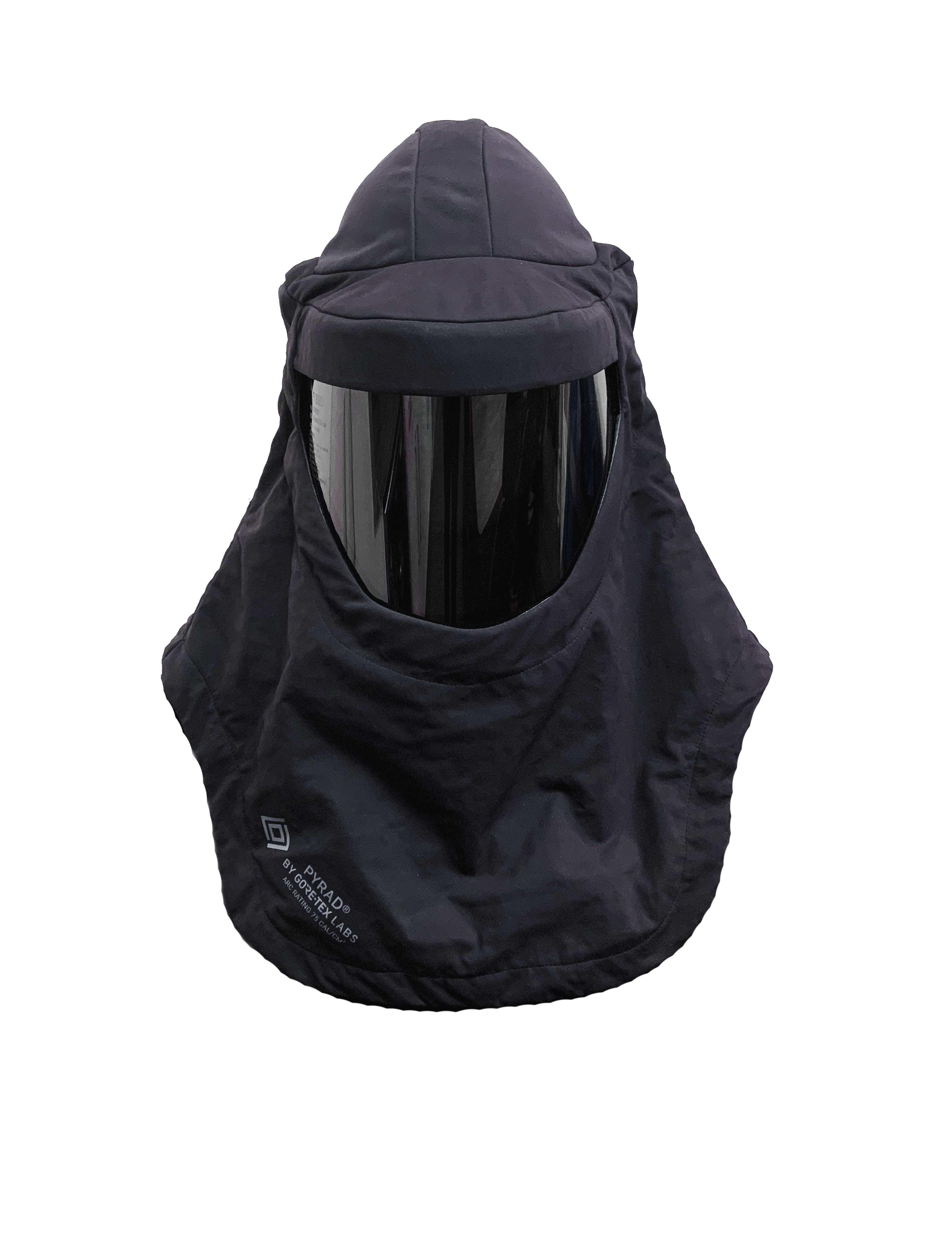 The Lac-Mac Switch Suit Hood and Face Shield Ensemble, 75 Cal. ARC Rated (709KA), features GORE-TEX PYRAD tech for advanced ARC Flash Protection, with a glossy face shield and extended neck/shoulder coverage in black.