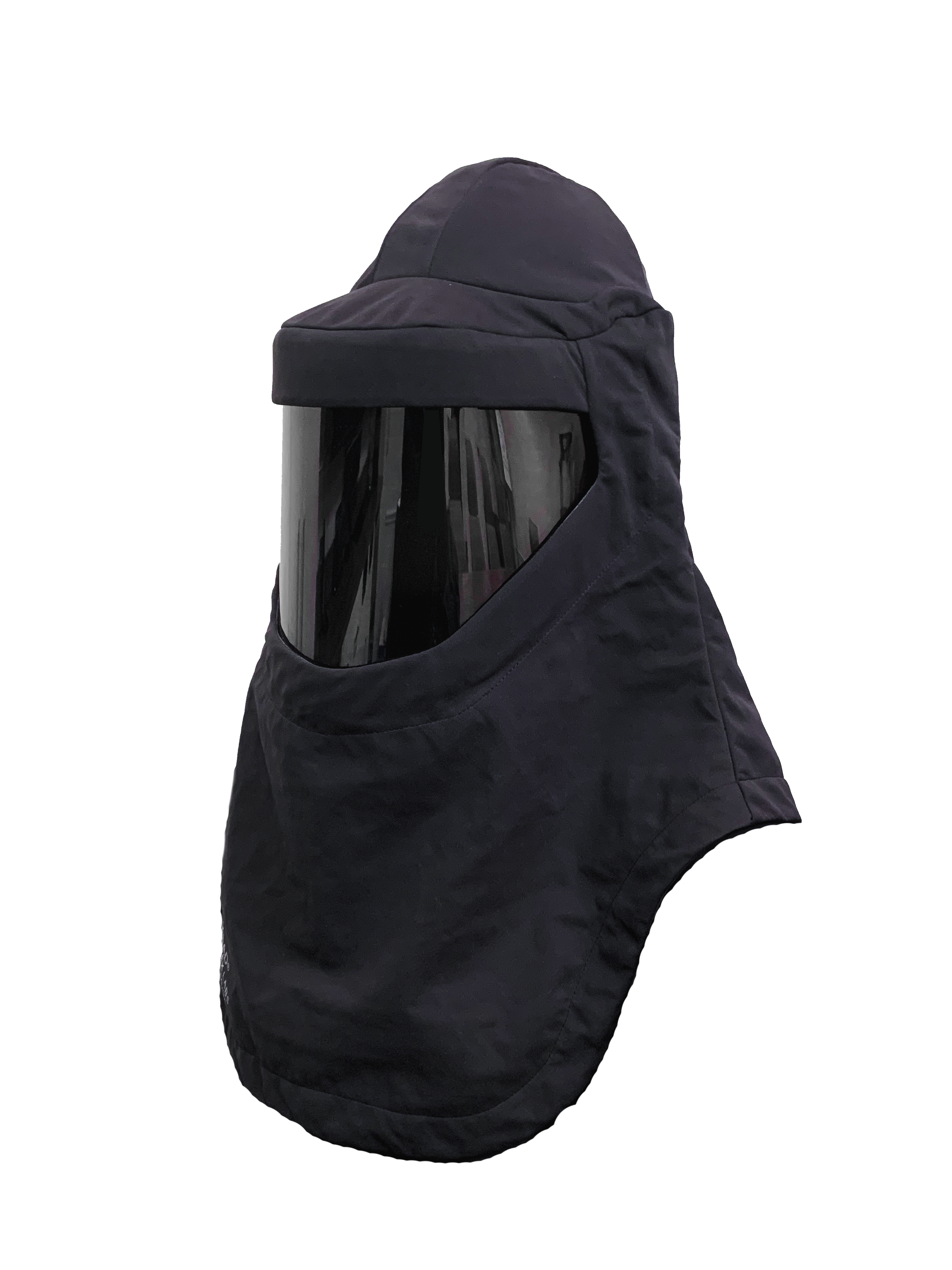 The Lac-Mac Switch Suit Hood and Face Shield Ensemble, 709KA, is a black protective hood with integrated dark shield and neck covering, rated for 75 Cal ARC flash protection.