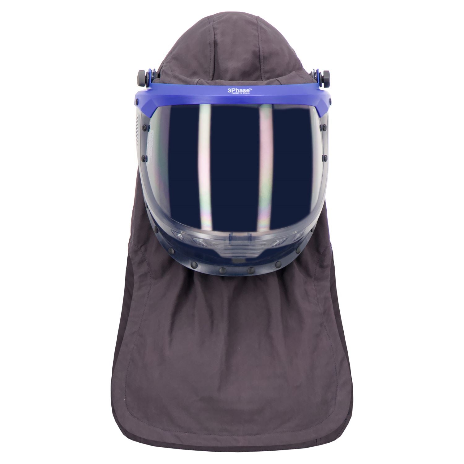 A Lac-Mac, Limited Switch Suit Hood, 40 Cal. ARC Rated, 709K with a blue rim and a clear protective visor, featuring a dark protective cloth drape hanging from the bottom. This hood is FR ARC-Flash Rated and falls under PPE Category 4 for superior ARC Protection.
