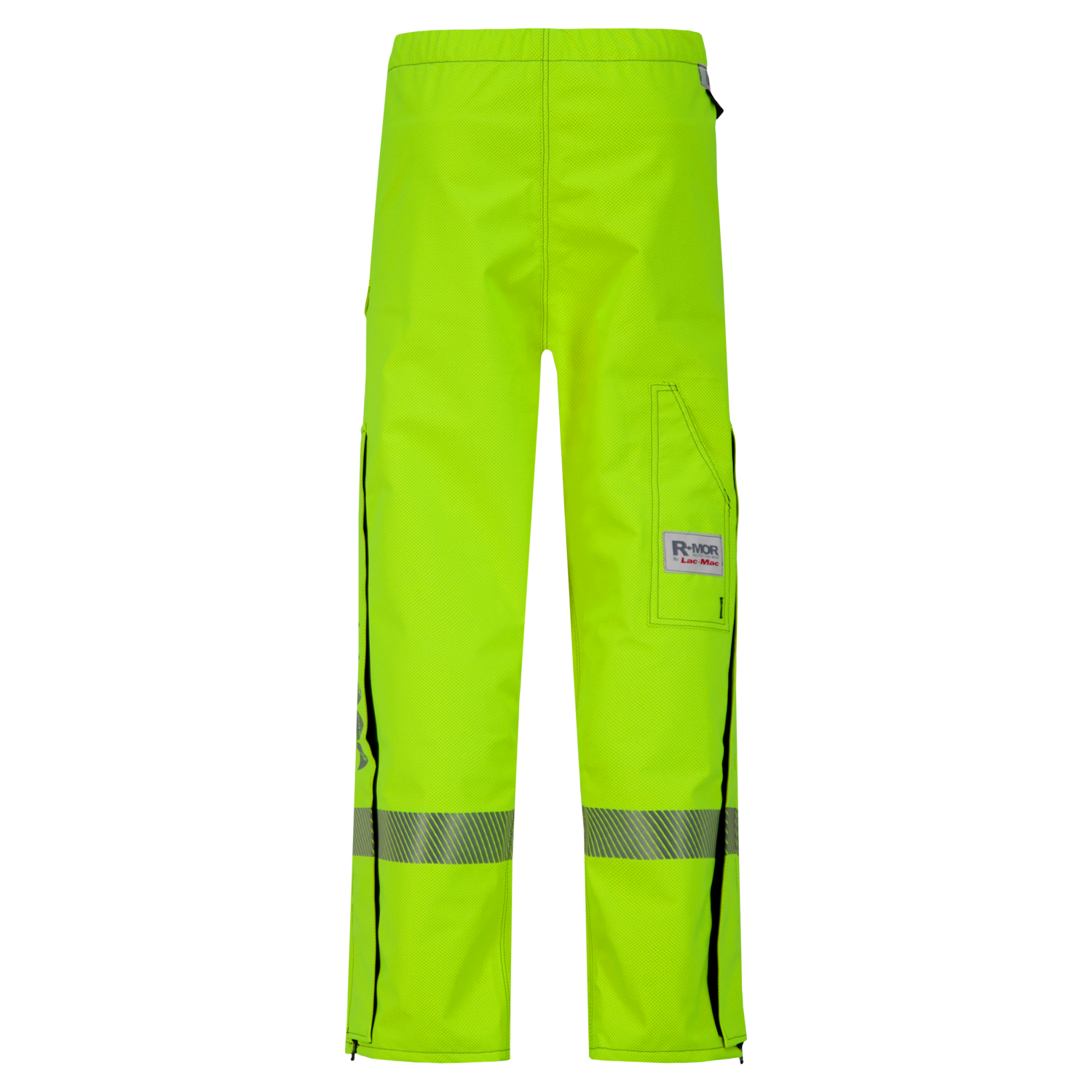 A pair of reflective high-visibility yellow Lac-Mac, Limited Pant, High-Visibility FR/ARC Rated, Canadian Markings, Regular, 710F-AF with an elastic waistband and side pockets, crafted from GORE-TEX PYRAD FABRIC.