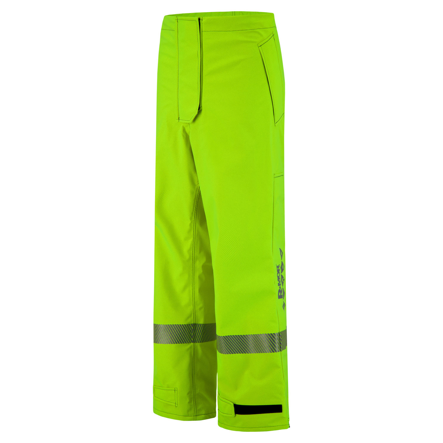 High-visibility yellow work pants with reflective stripes near the ankles. The Lac-Mac, Limited Pant, High-Visibility FR/ARC Rated, Canadian Markings, Regular, 710F-AF features belt loops, a zippered fly, front pockets, and adjustable leg cuffs.