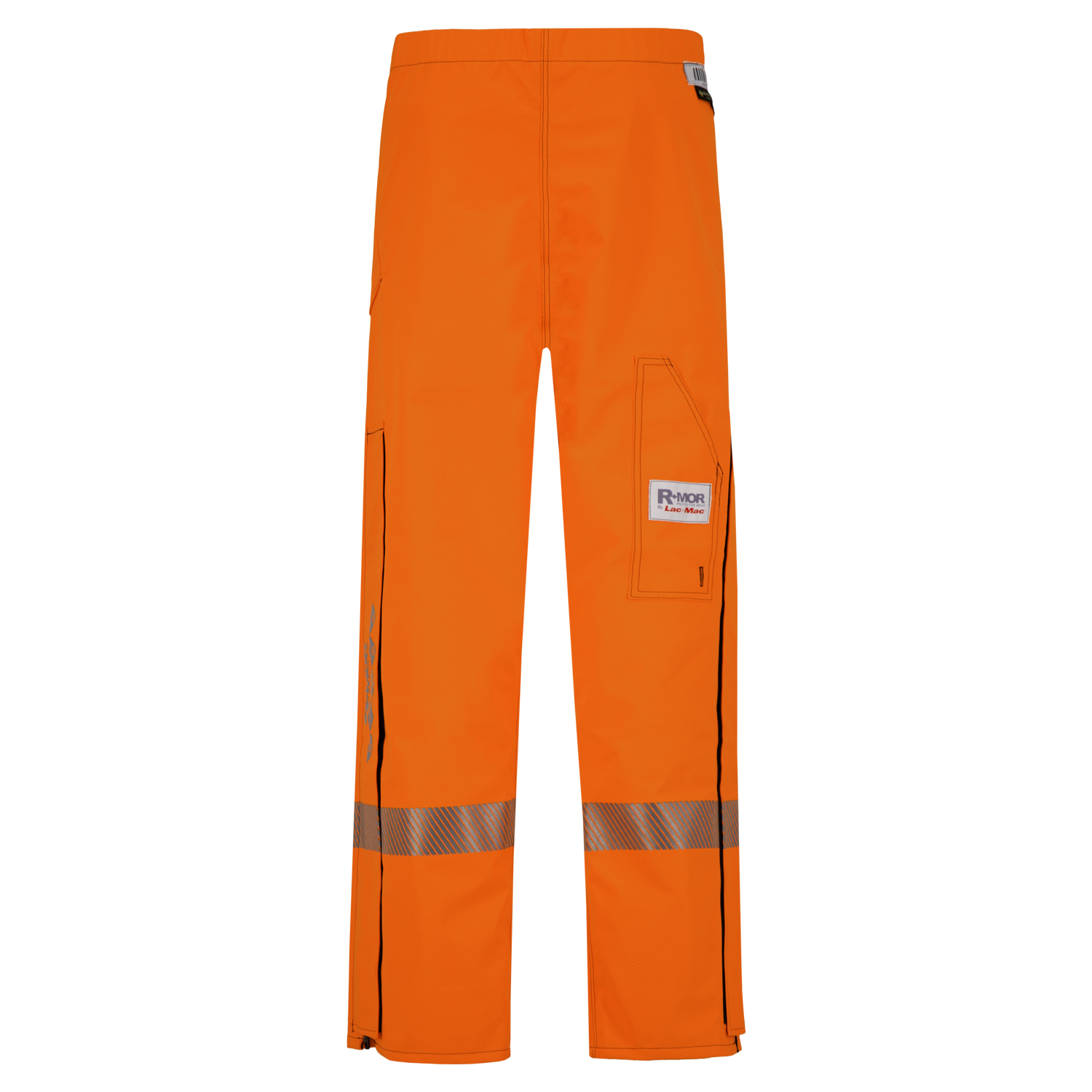 Bright orange high-visibility safety trousers with a gray reflective strip near the knees and pockets on the sides, featuring additional reflective markings for enhanced safety. Specifically, these are Lac-Mac, Limited's Pant, High-Visibility FR/ARC Rated, Canadian Markings, Regular, 710F-AF.
