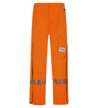 Lac-Mac Limited Women's Pant, High-Visibility FR/ARC Rated with Canadian markings (710FWAA) in bright orange, featuring black side stripes and reflective accents, shown from the back against a plain white background.