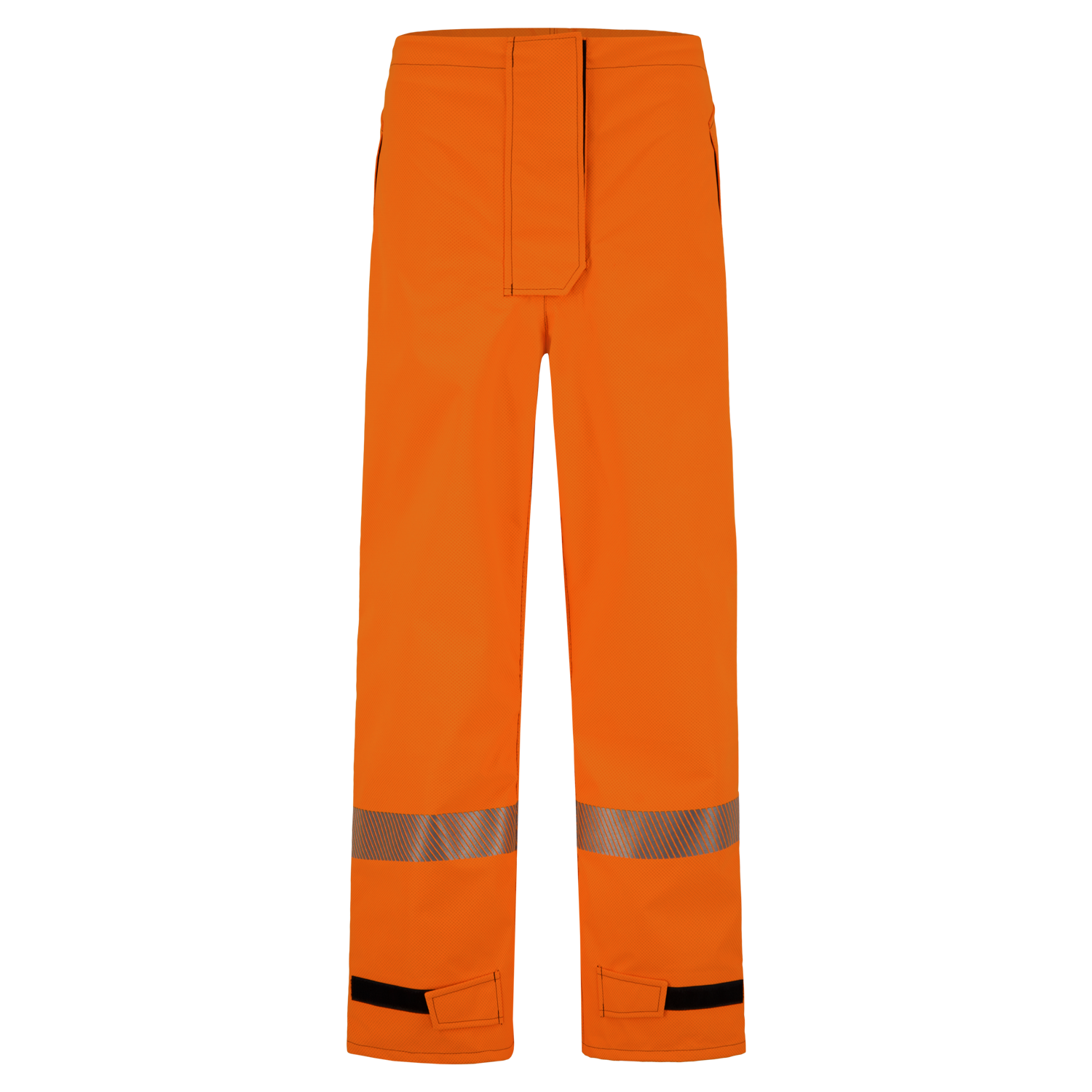 Bright orange high-visibility waterproof Pant, High-Visibility FR/ARC Rated, Canadian Markings, Regular, 710F-AF with reflective stripes around the knees and adjustable cuffs by Lac-Mac, Limited, classified as PPE Category 3.