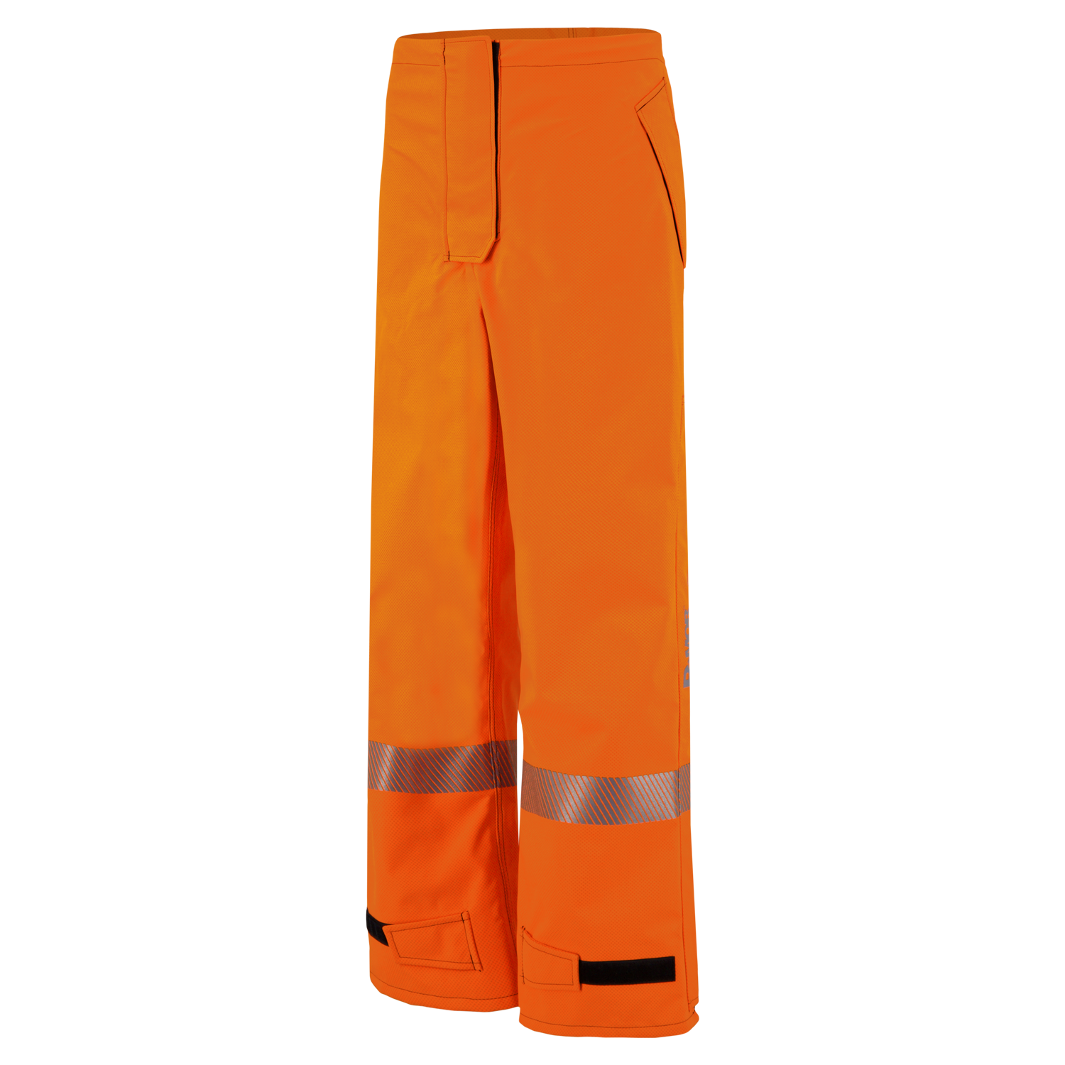 Bright orange, high-visibility Pant, High-Visibility FR/ARC Rated, Canadian Markings, Regular, 710F-AF with reflective markings around the legs, featuring adjustable Velcro closures at the ankle and a zippered front by Lac-Mac, Limited.